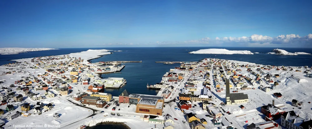 Aerial view of Vardø town. Town hall and cultural centre in the center. Behind is Vardø harbour. To the right is Reinøya and Hornøya.