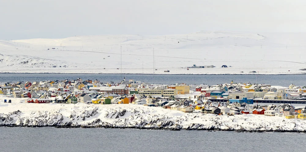  Vardø town seen from Hornøya. Vardø in March: Hornøya is alive with birds and the colorfull city in the snowy Arctic landscape must be experienced. 