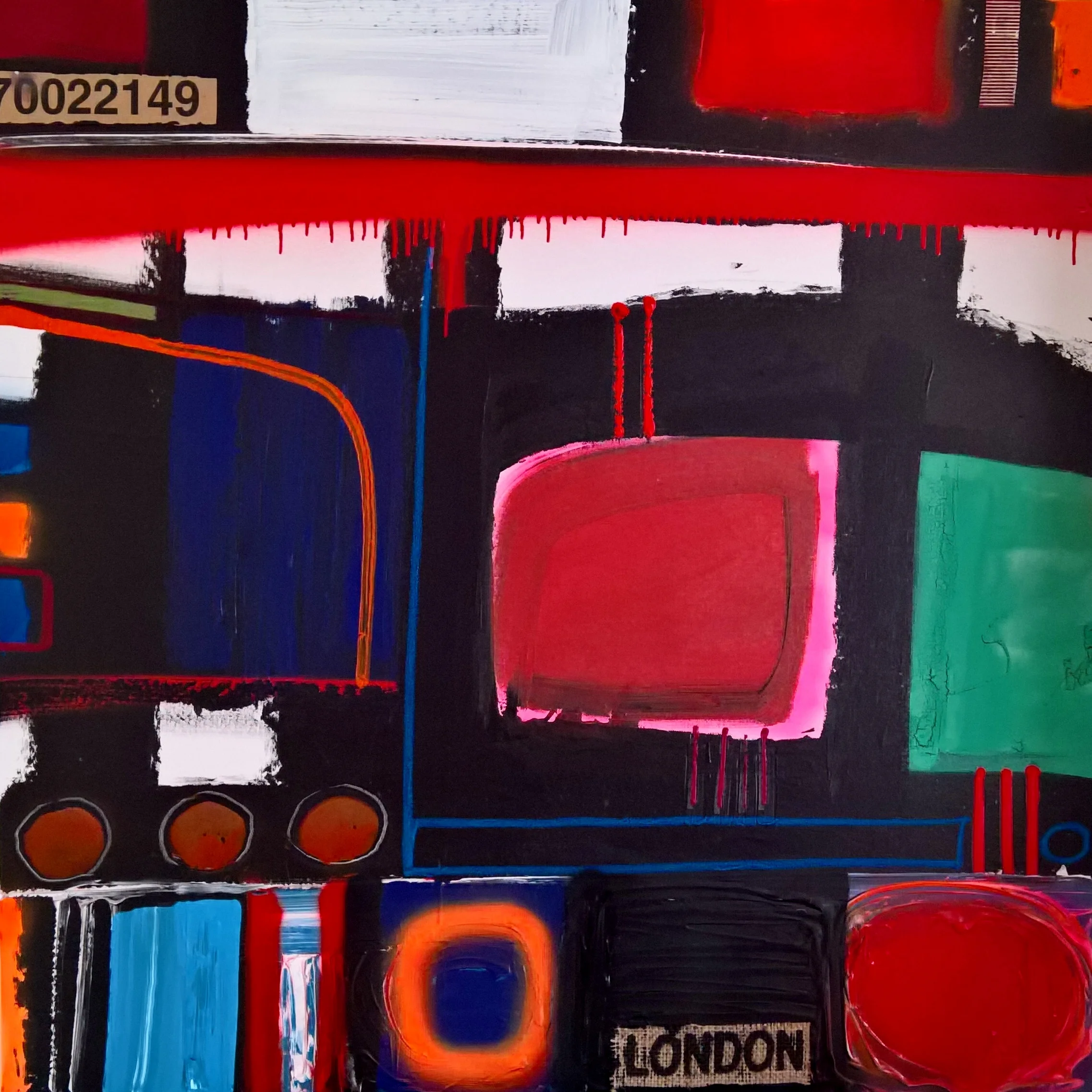 LONDON, 100 x 100cm, acrylic, spray paints, cardboard on canvas
