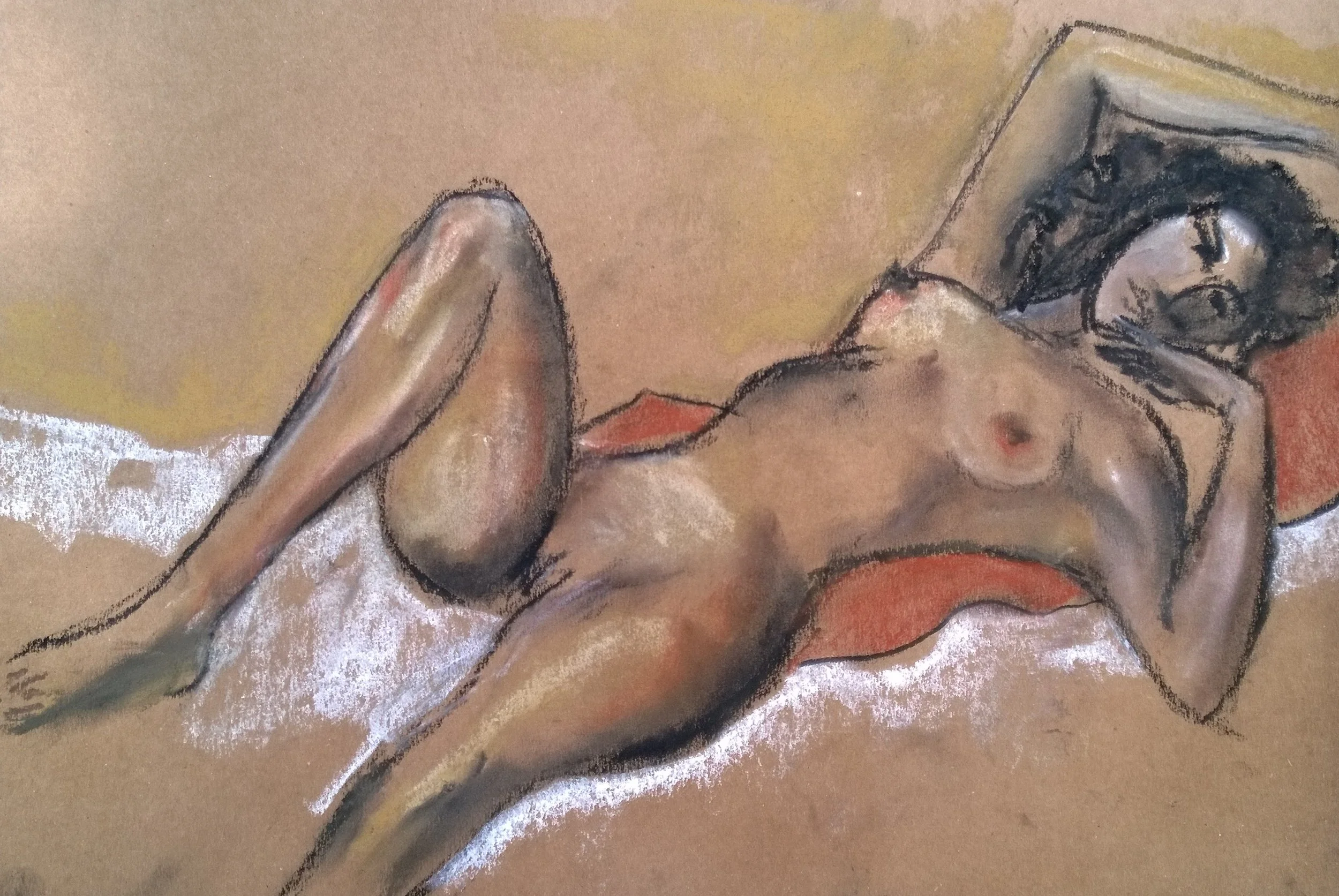 RECLINING NUDE, 40 x 30cm, charcoal, pen, pastel on paper