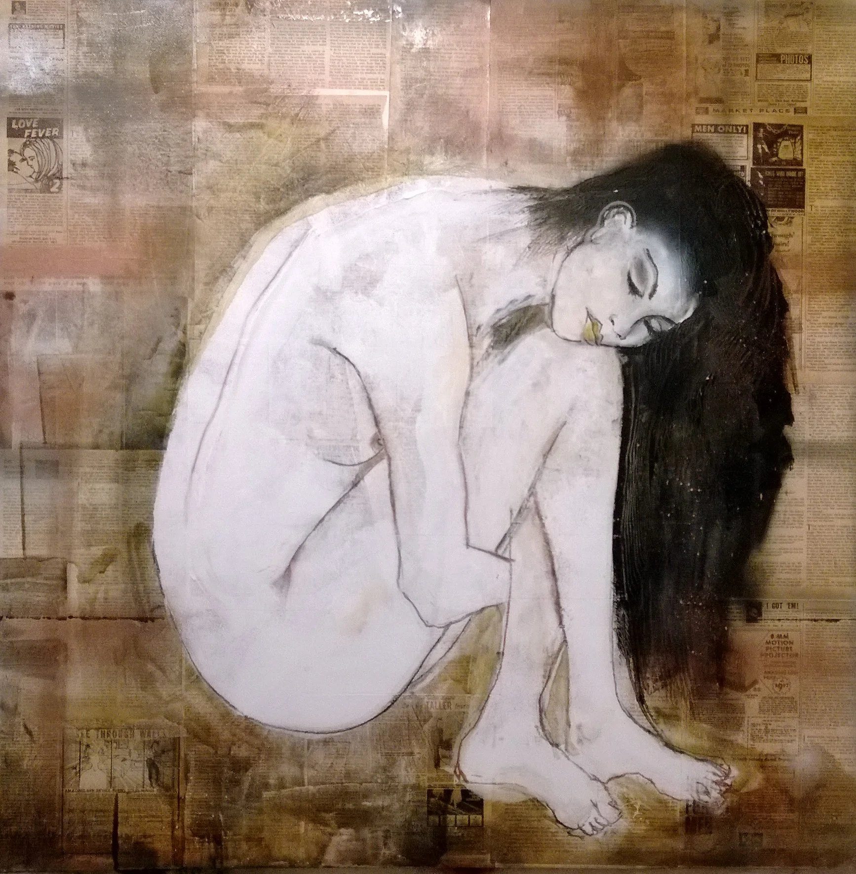 SERENITY, 100 x 100cm, ink, acrylic, magazine paper on canvas