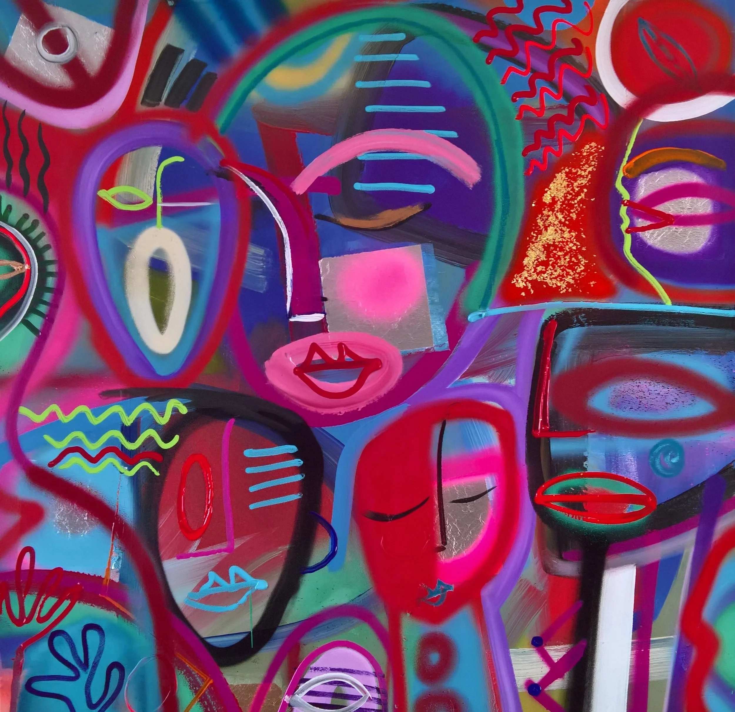 THE JOYFUL GATHERING OF KINDRED SPIRITS, 100 x 100cm, acrylic, spray paint, silver leaf on canvas