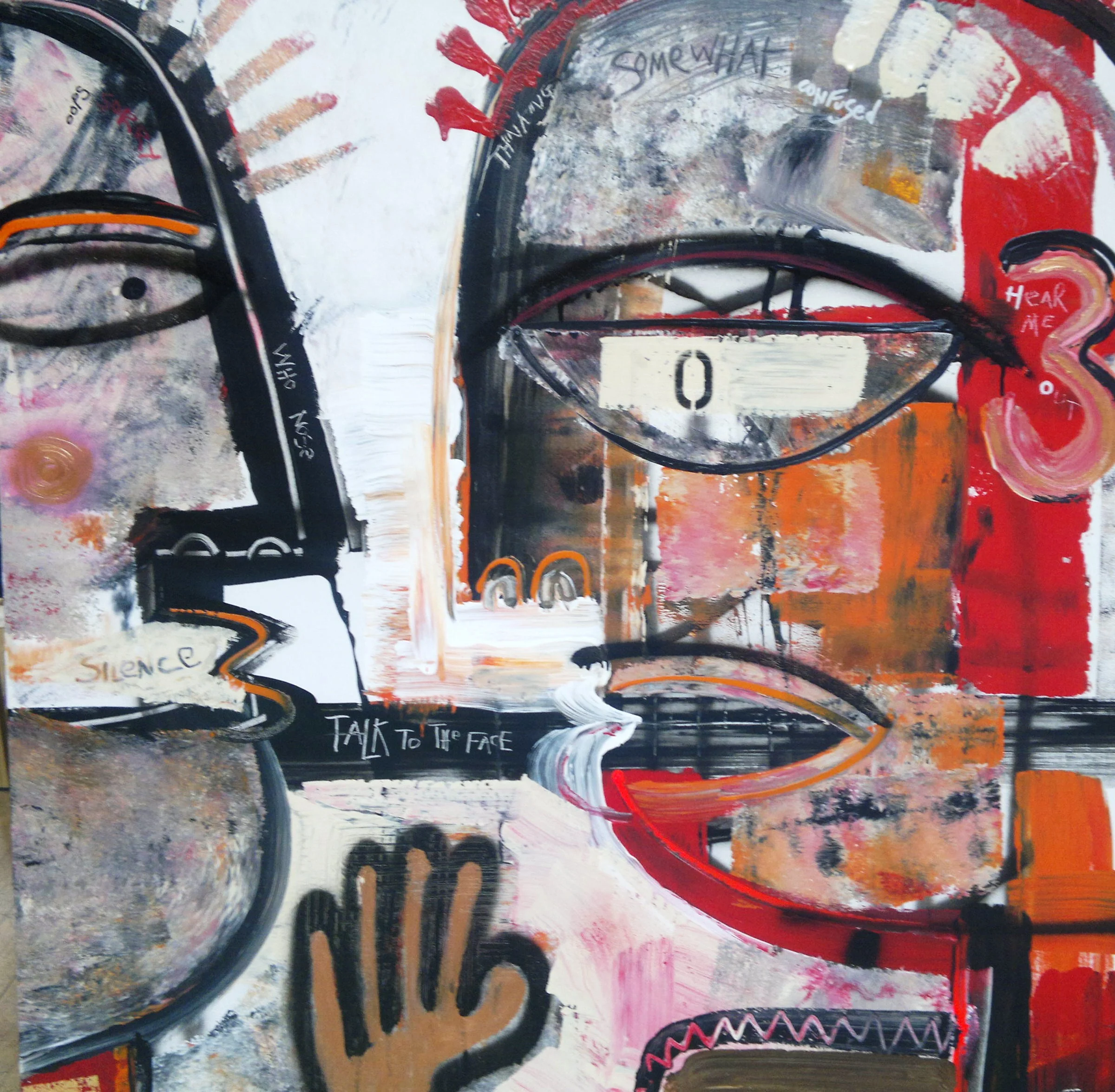 TALK TO THE FACE, 100 x 100cm, acrylic, spray paint on canvas