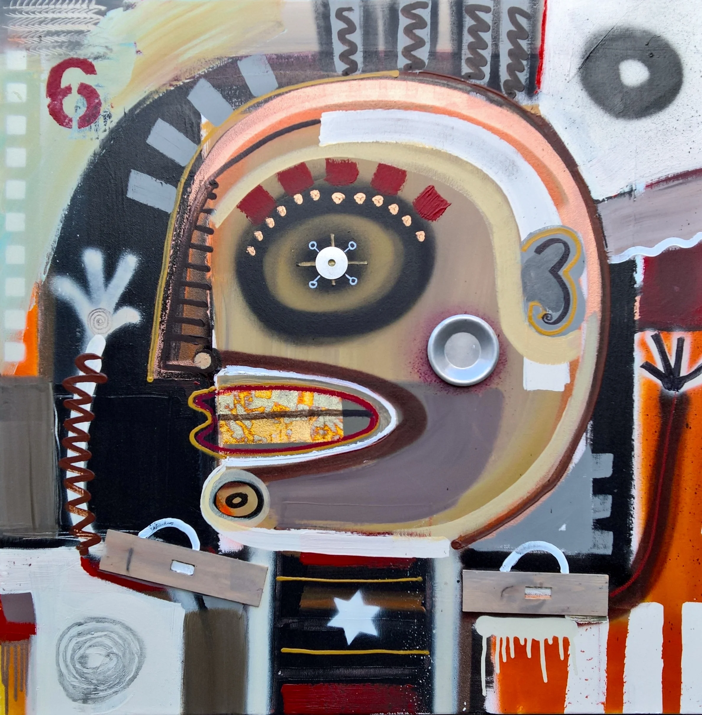CRAZYHEAD NO.6, 80 x 80cm, acrylic, spray paint, found objects on canvas