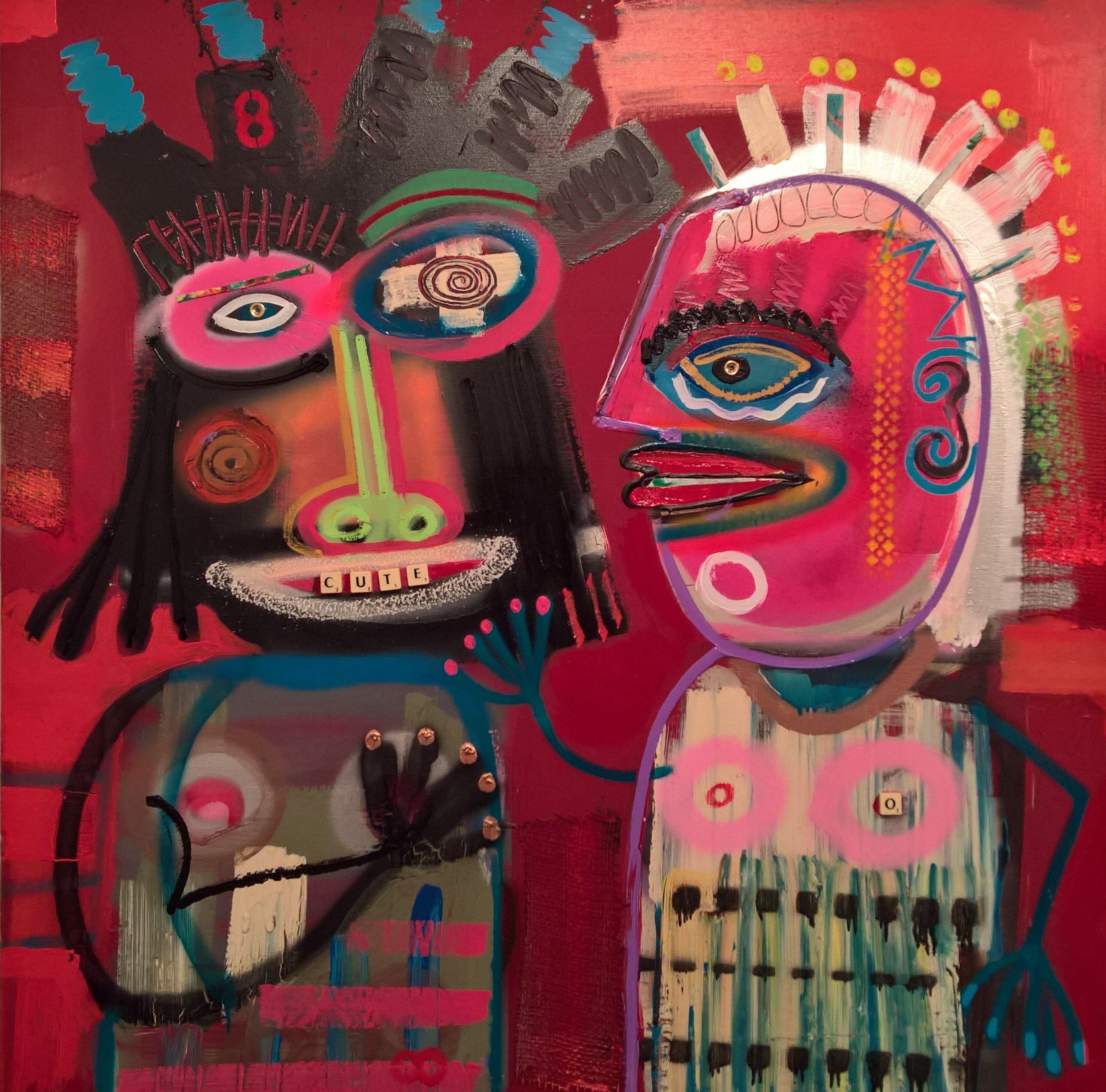 CUTE, 100 x 100cm, spray paint, acrylic, found objects on canvas