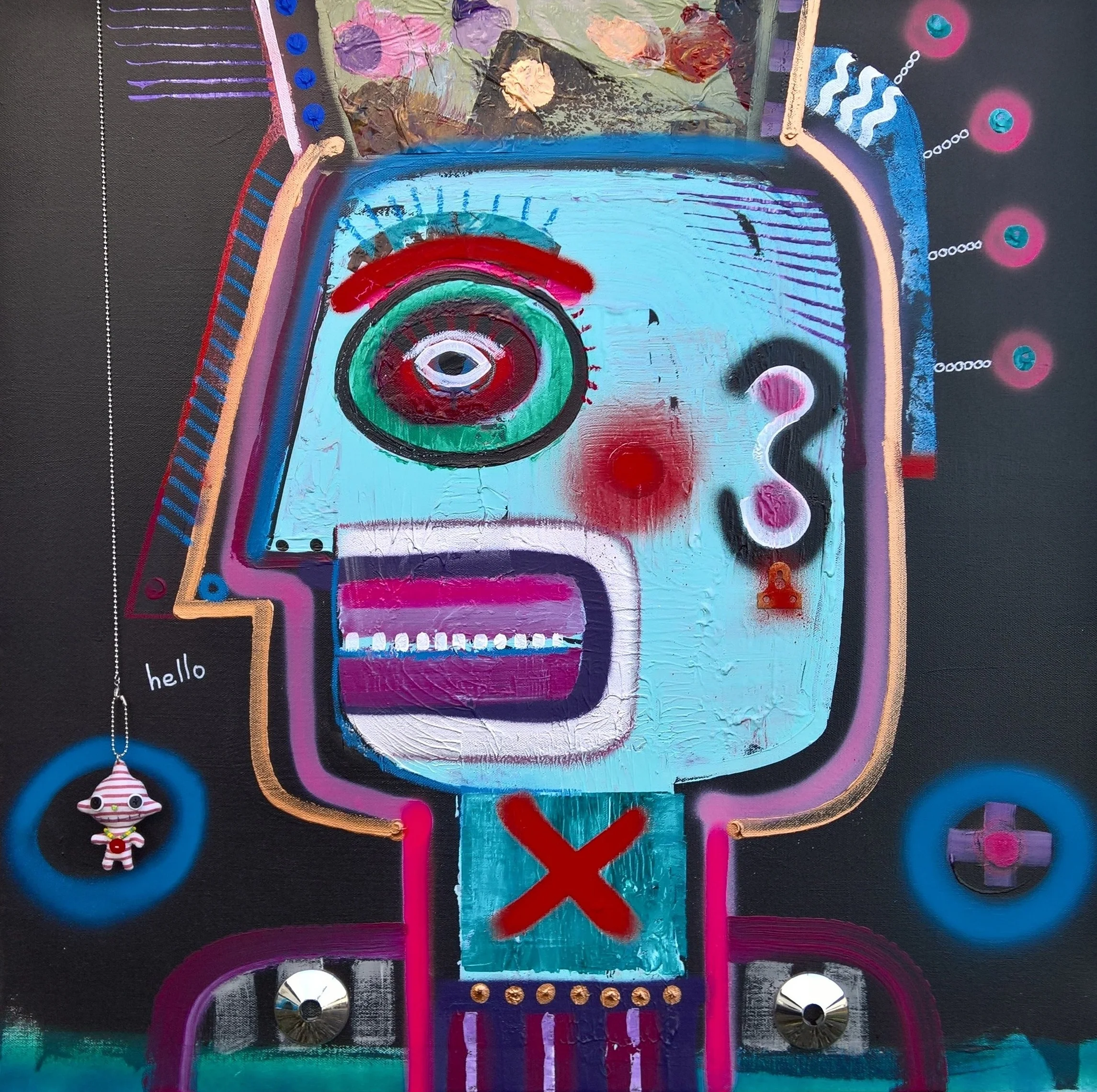 HELLO, 80 x 80cm, acrylic, spray paint and found objects on canvas