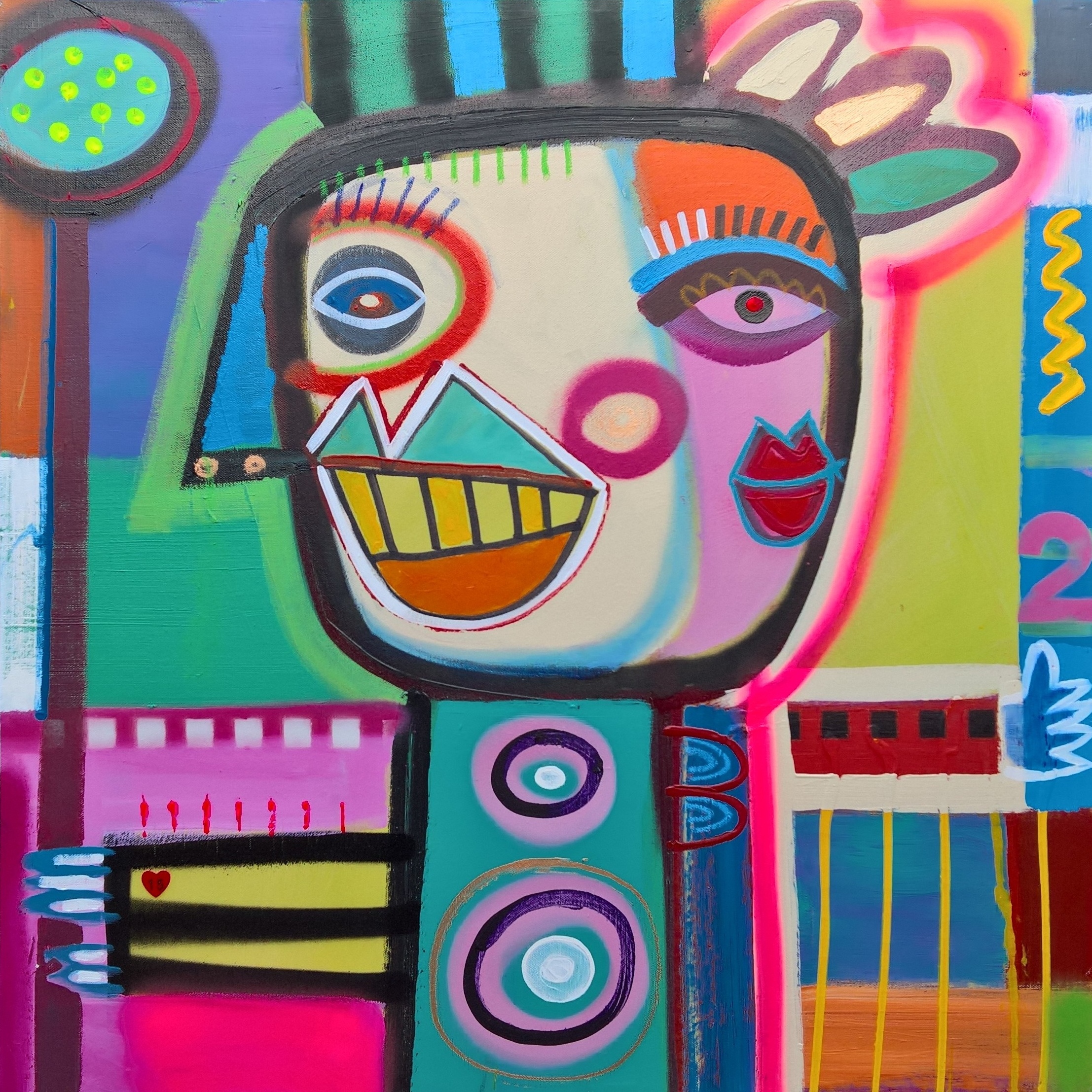 2 SIDES OF JOY, 80 x 80cm, acrylic, spray paint on canvas