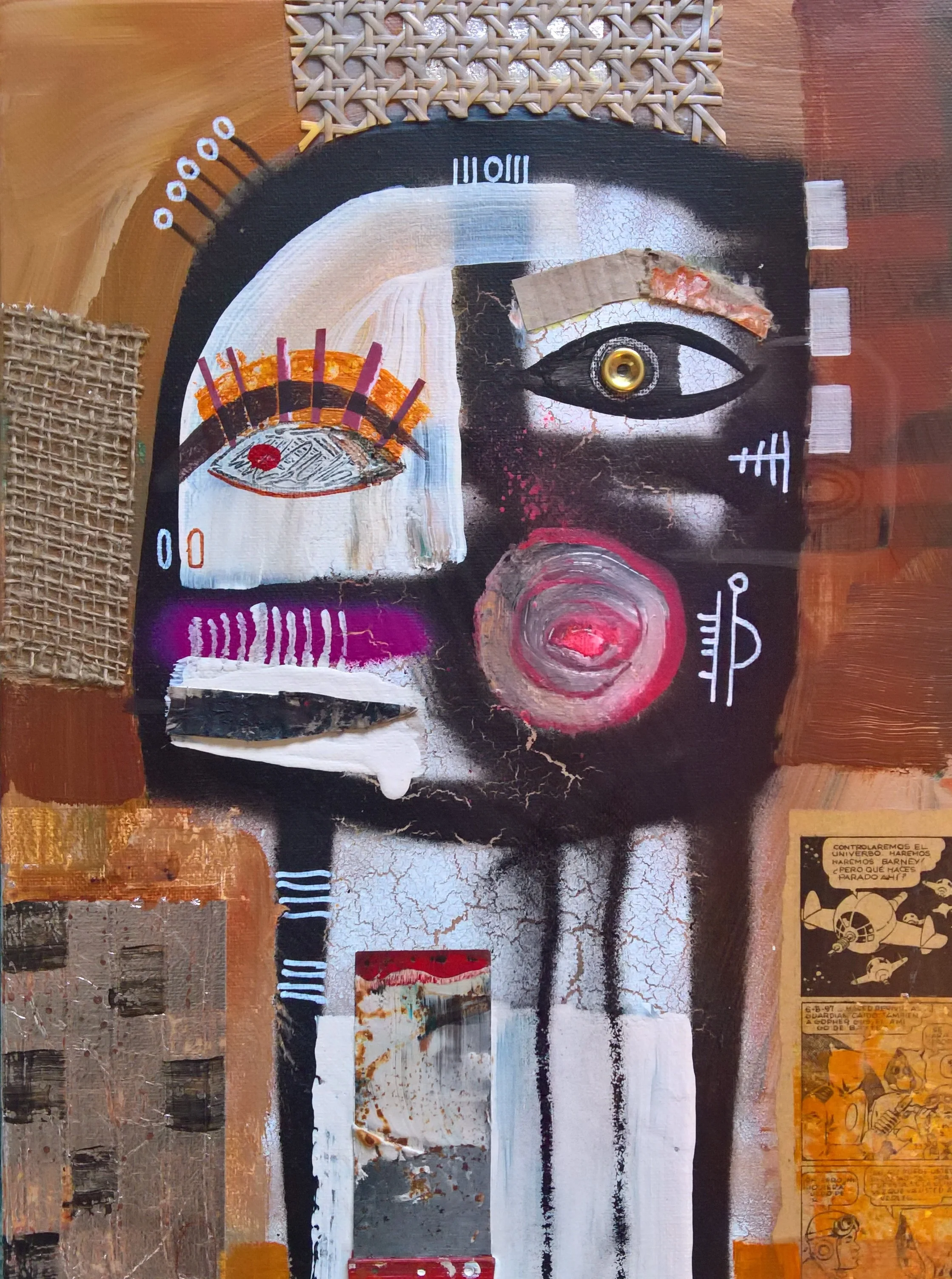 BERTIE, 40 x 30cm, acrylic, spray paint, found objects on canvas