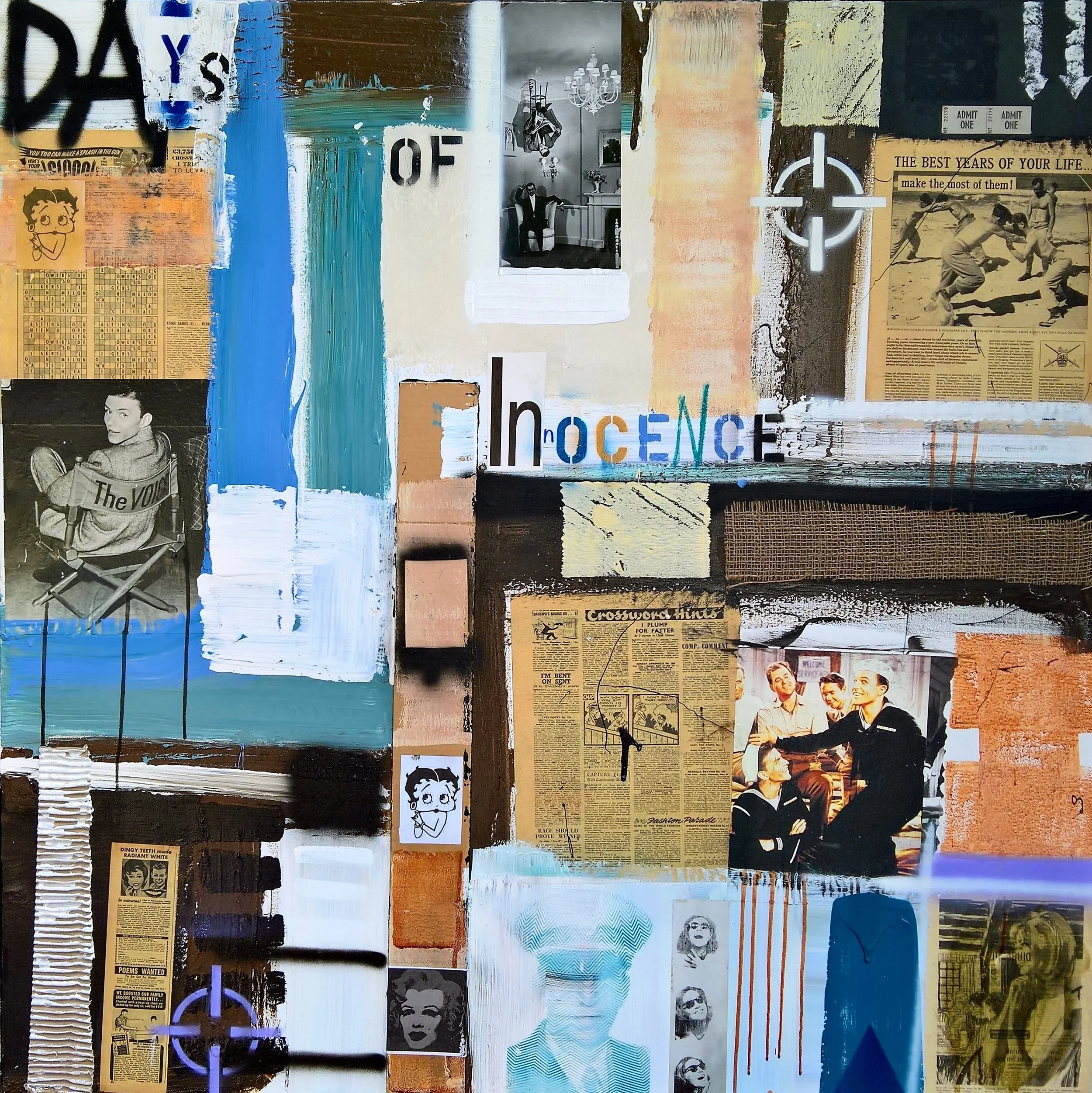 DAYS OF INNOCENCE, 150 x 150cm, acrylic, spray paint, collage on canvas