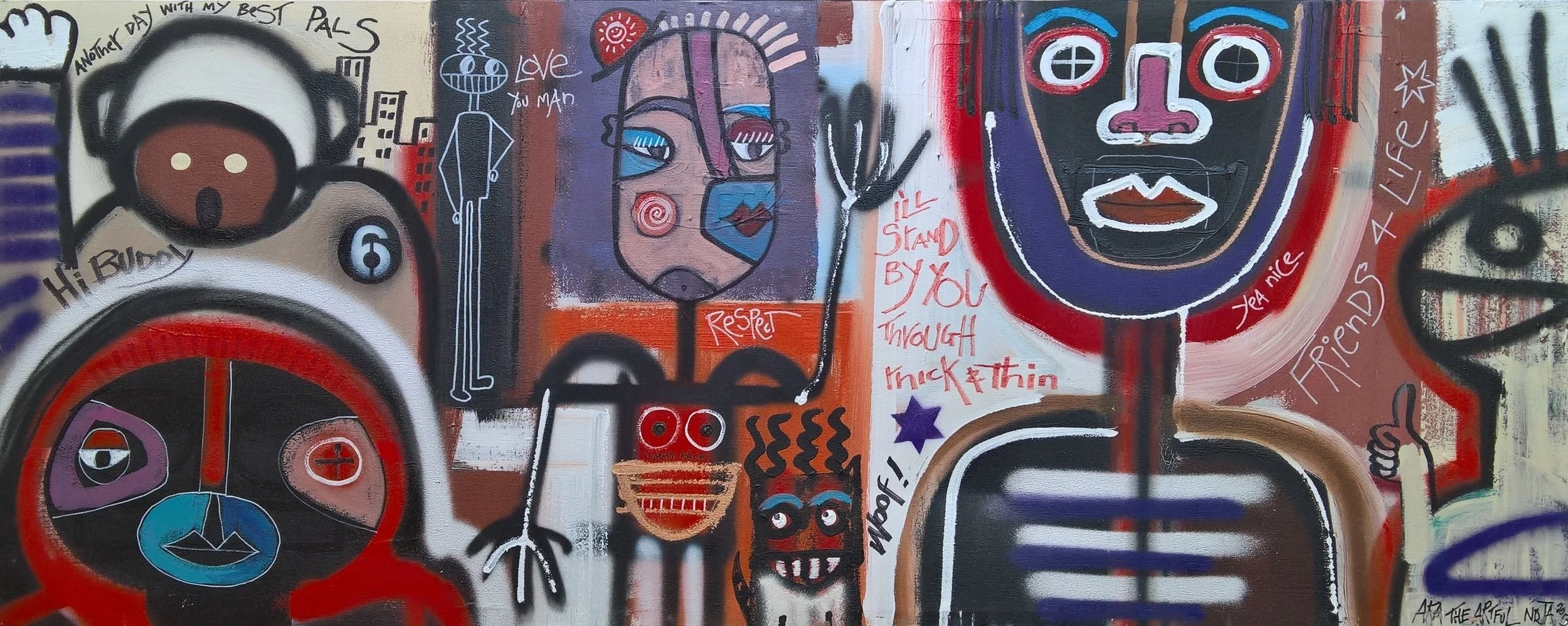 FRIENDS FOR LIFE, 180 x 80cm, acrylic, spray paint on canvas