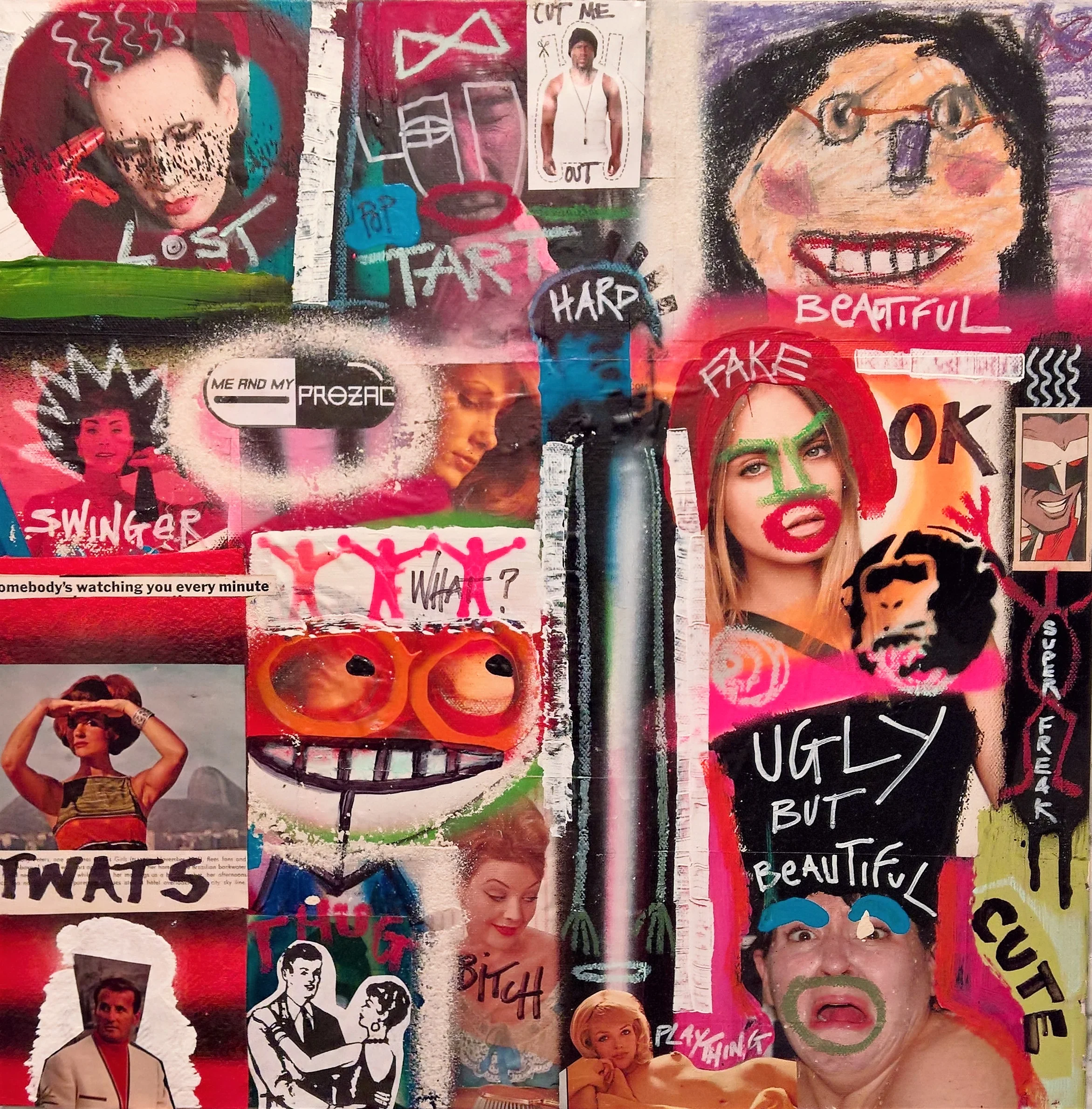 UGLY / BEAUTIFUL, 80 x 80cm, acrylic, spray paint, collage on canvas
