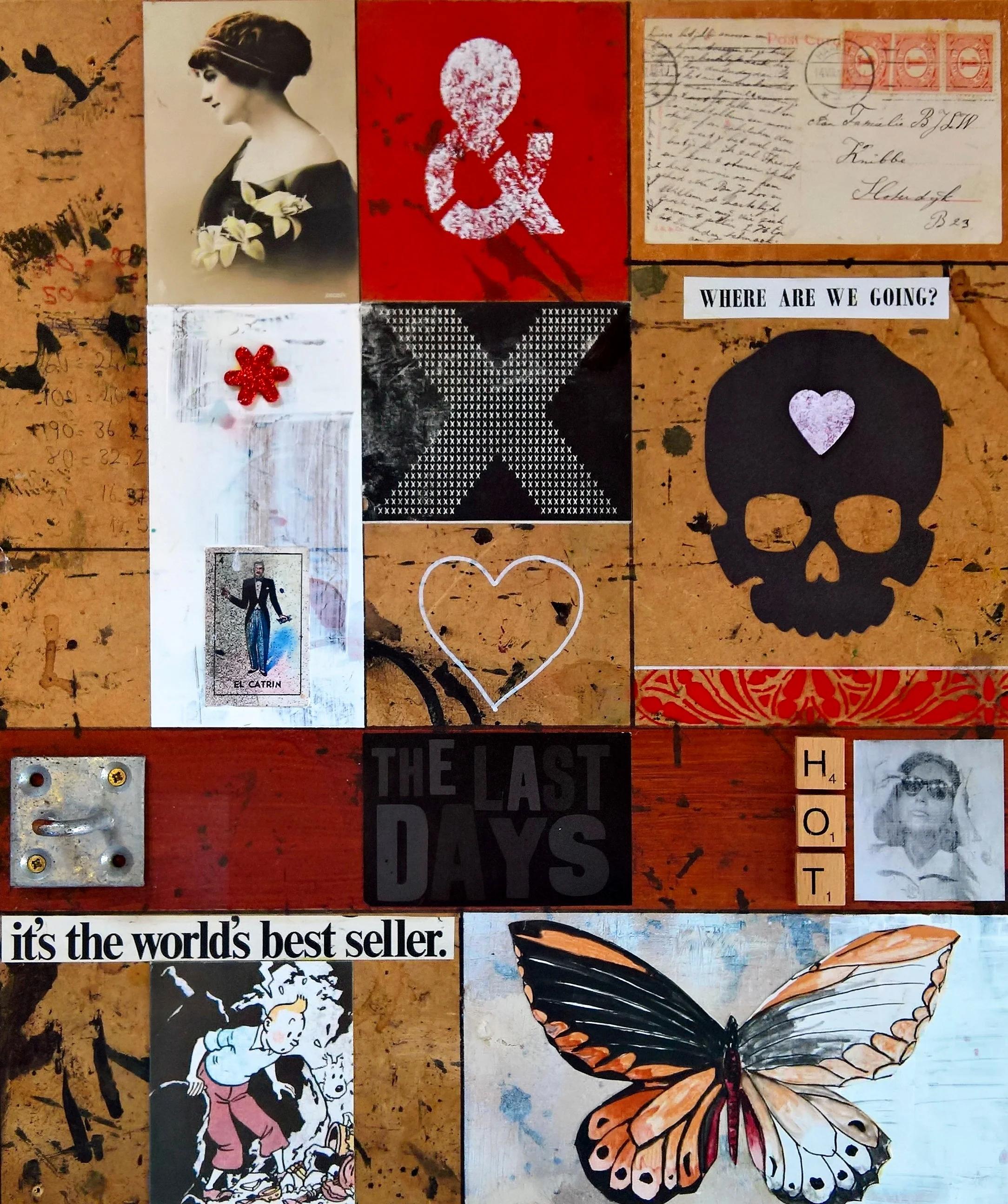 WHERE ARE WE GOING? 47 x 40cm, acrylic, collage, found objects on canvas