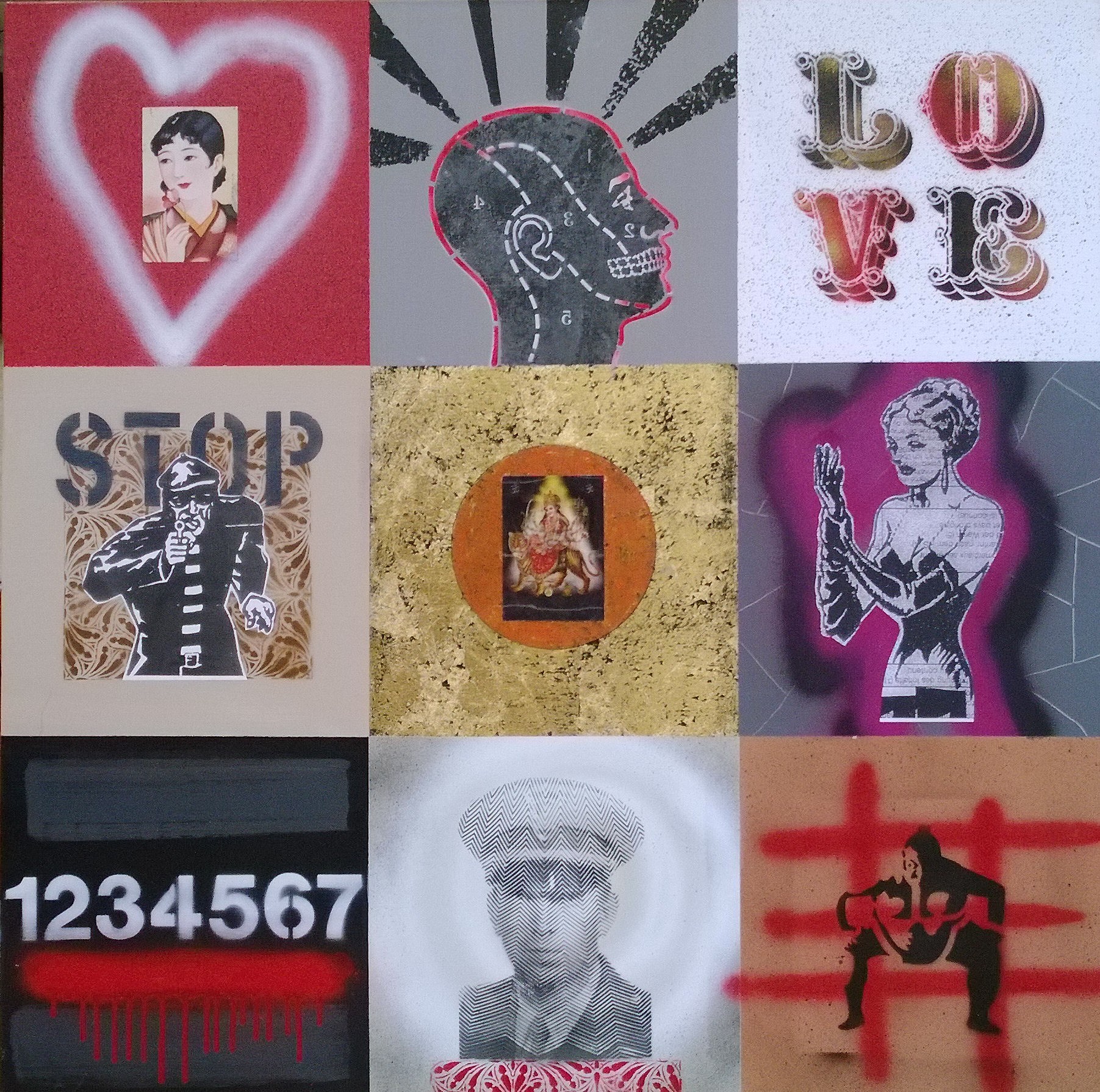 NINE SQUARES NO. 7, 90 x 90cm, acrylic, spray paint, collage on canvas