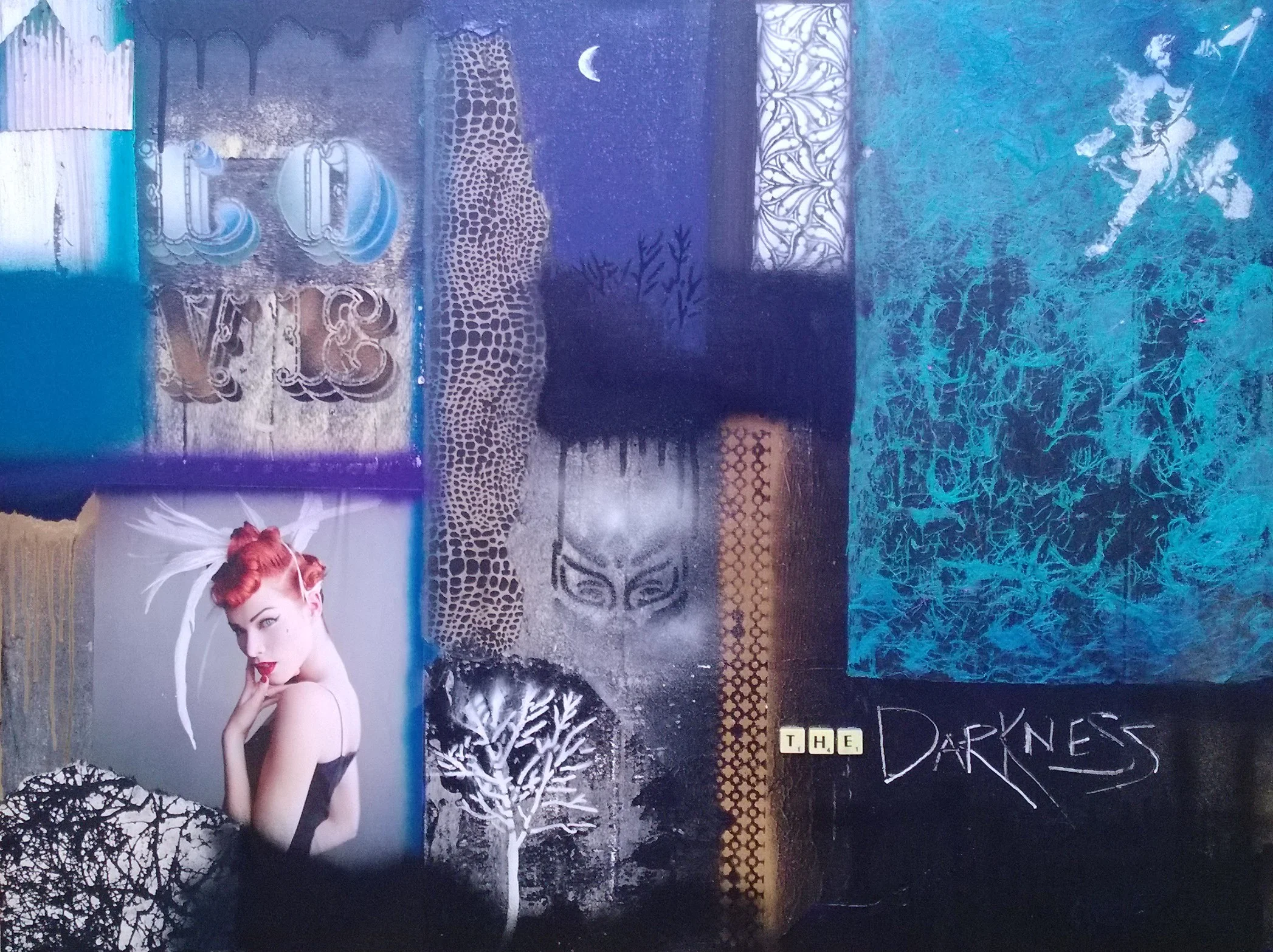 LOVE THE DARKNESS, 100 x 70cm, acrylic, spray paint, collage on canvas