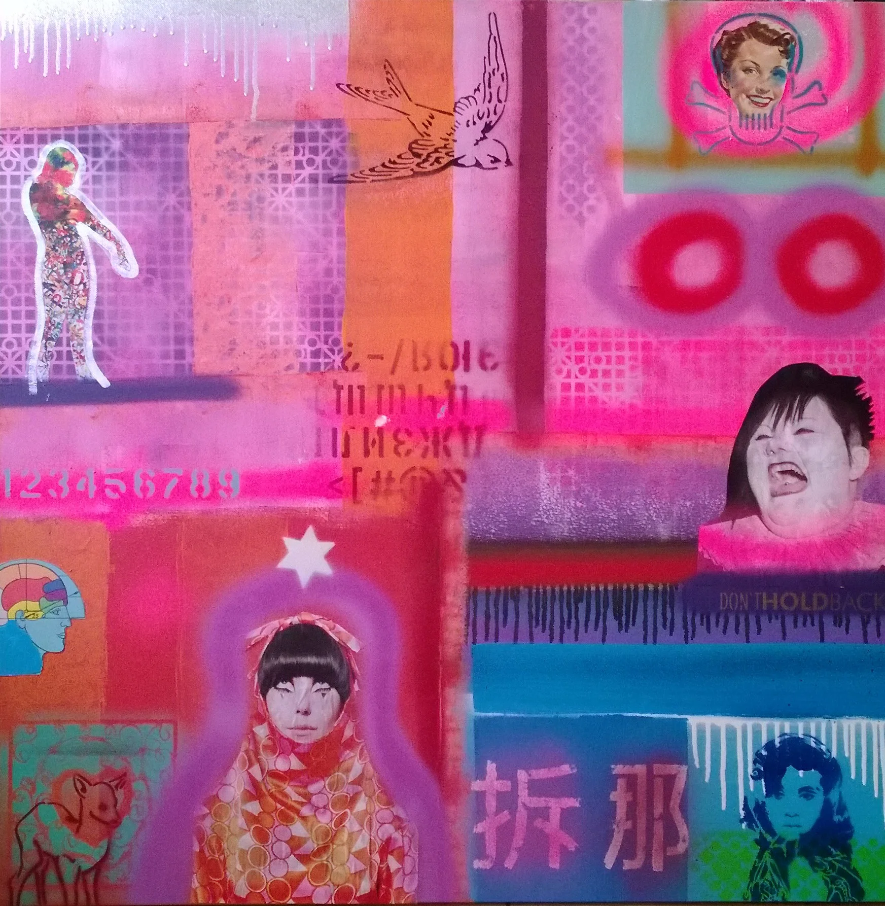 I'M EVERY WOMAN, 90 x 90cm, spray paint, collage on canvas