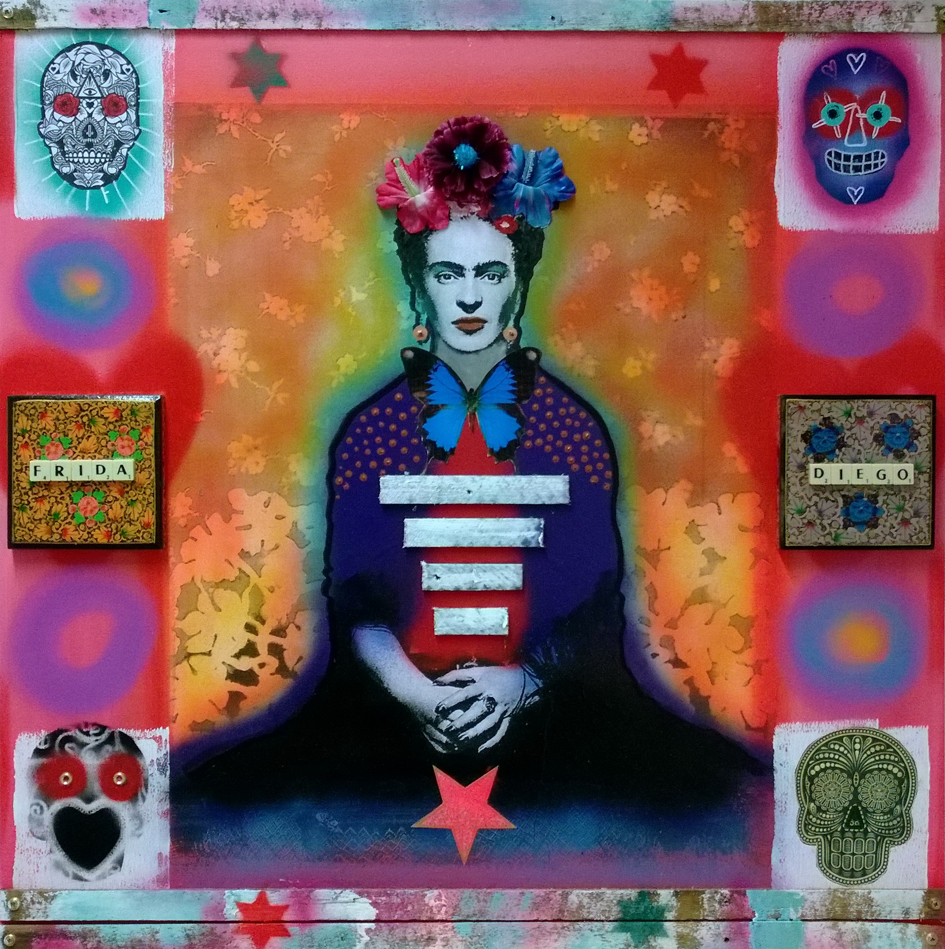 FRIDA, 90 x 90cm, acrylic, spray paint, wood, found objects on canvas