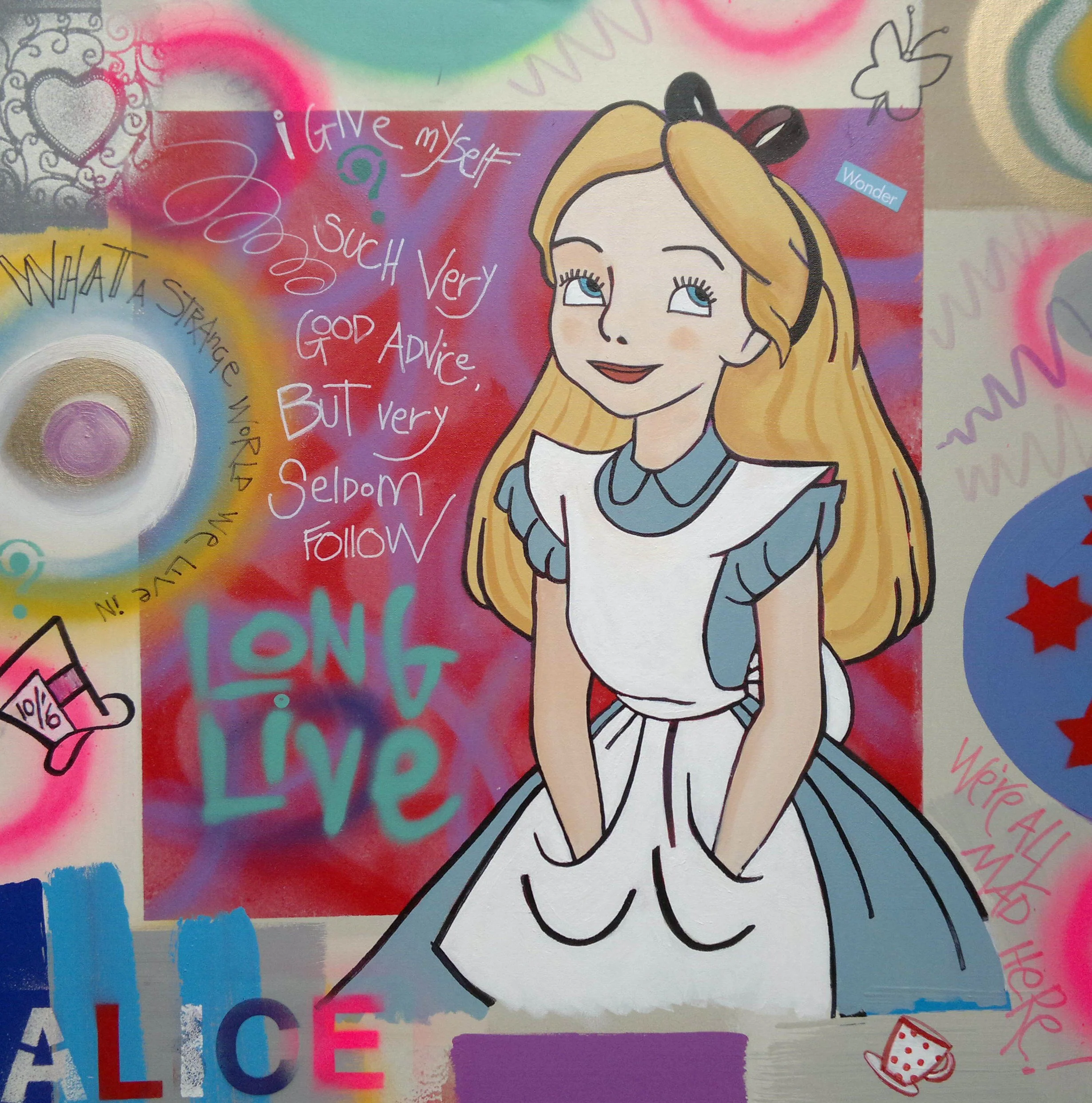 LONG LIVE ALICE, 90 x 90cm, acrylic, spray paint on canvas