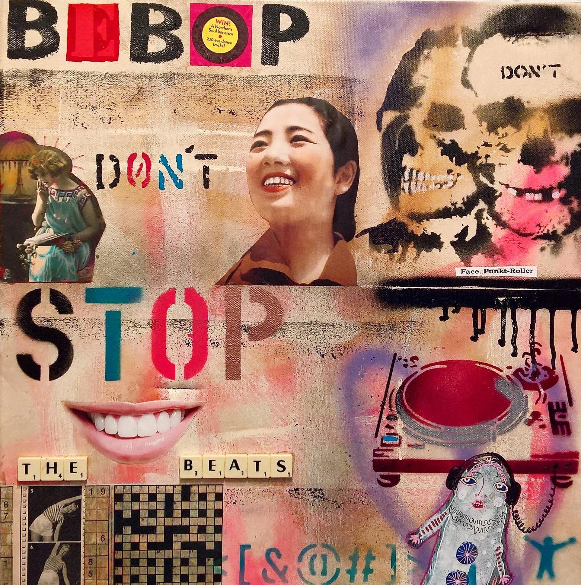 BEBOP DON'T STOP, 50 x 50cm, acrylic, spray paint, collage, found objects on canvas
