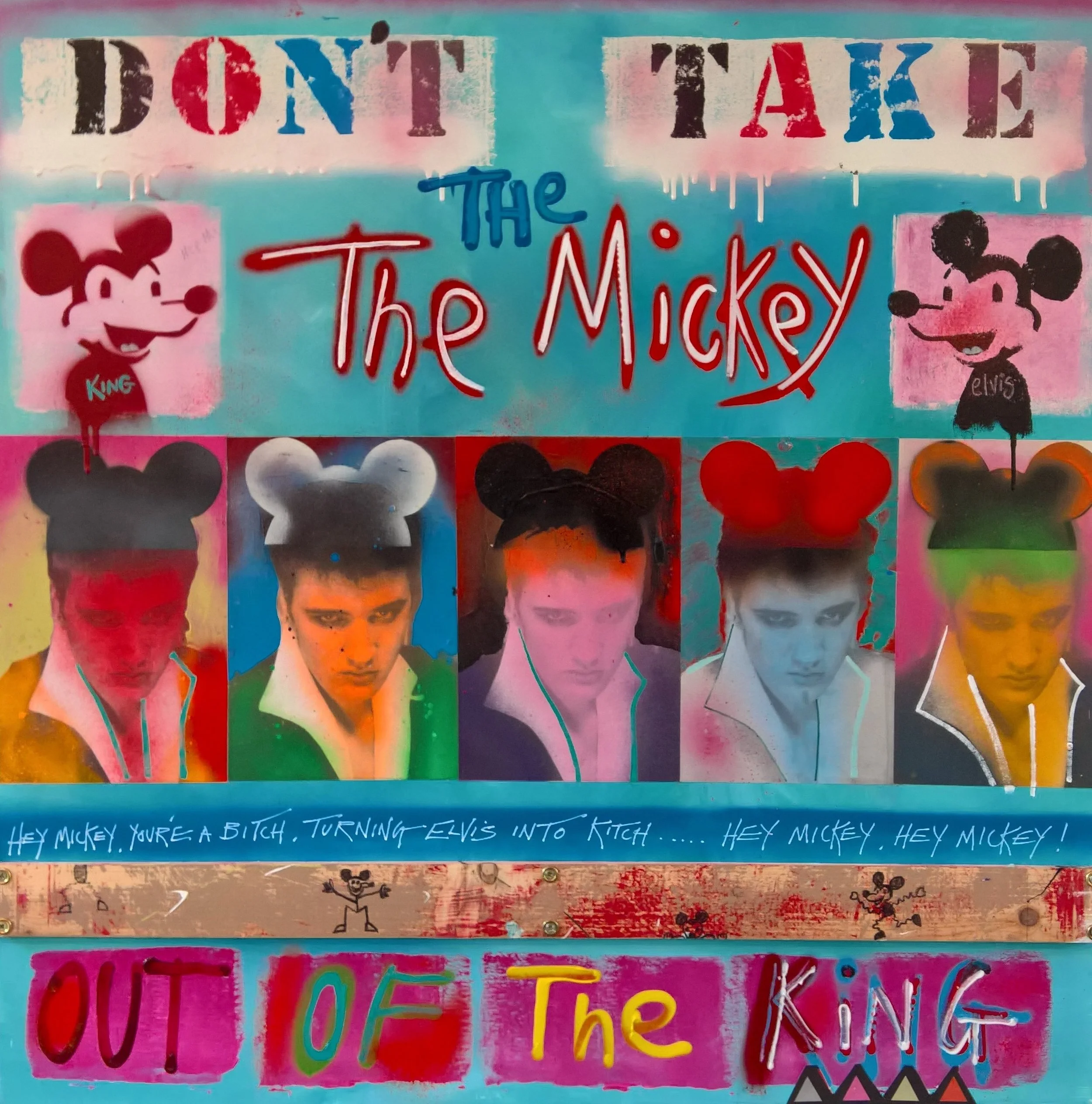 DON'T TAKE THE MICKEY, 50 x 50cm, acrylic, spray paint, wood, collage on canvas