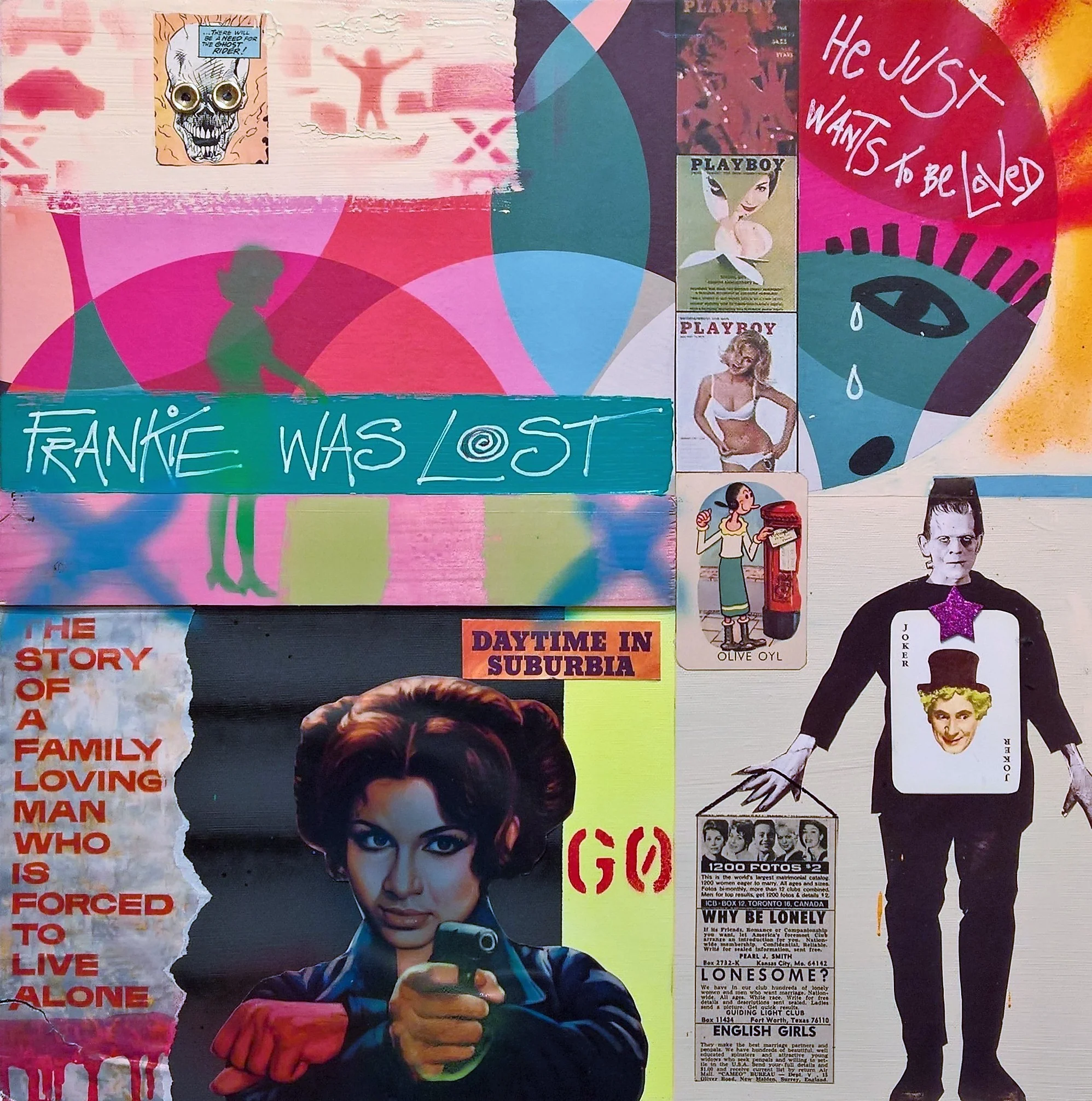 FRANKIE WAS LOST, 50 x 50cm, acrylic, spray paint, collage on canvas