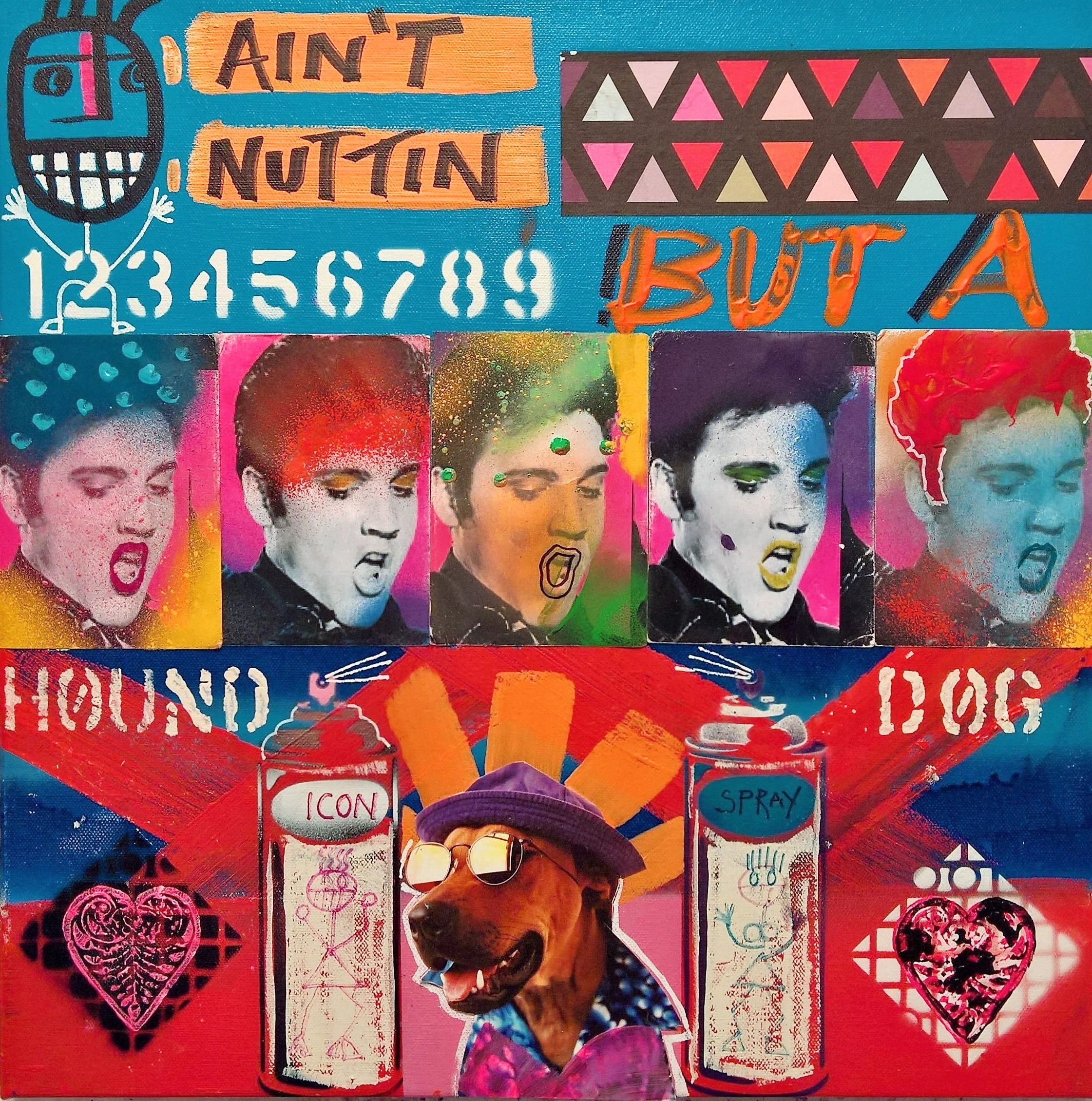 HOUND DOG, 50 x 50cm, acrylic, spray paint, collage on canvas
