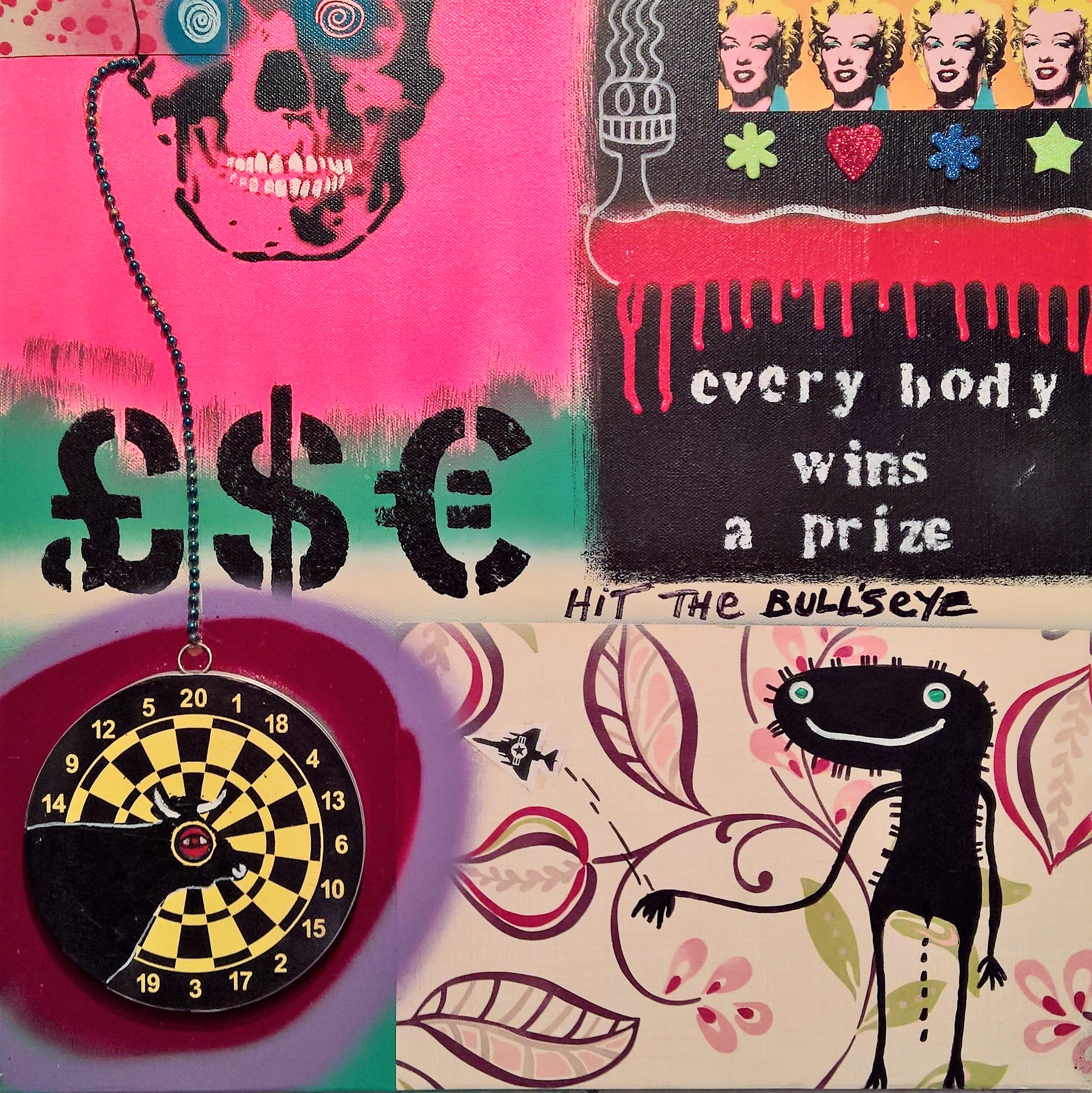 EVERYBODY WINS A PRIZE, 50 x 50cm, acrylic, spray paint, collage on canvas