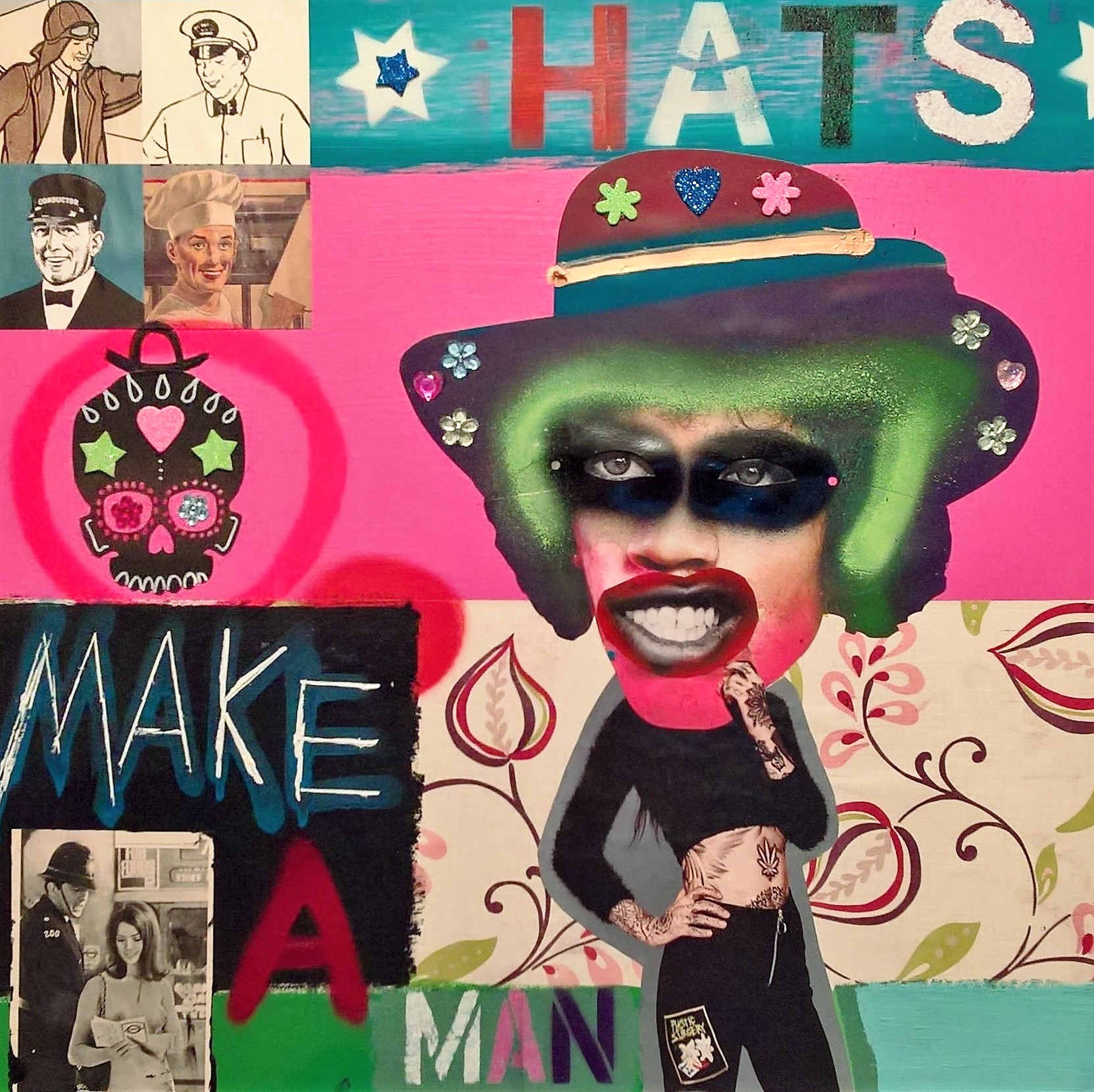 HATS MAKE A MAN, 50 x 50cm, acrylic, spray paint, collage on canvas