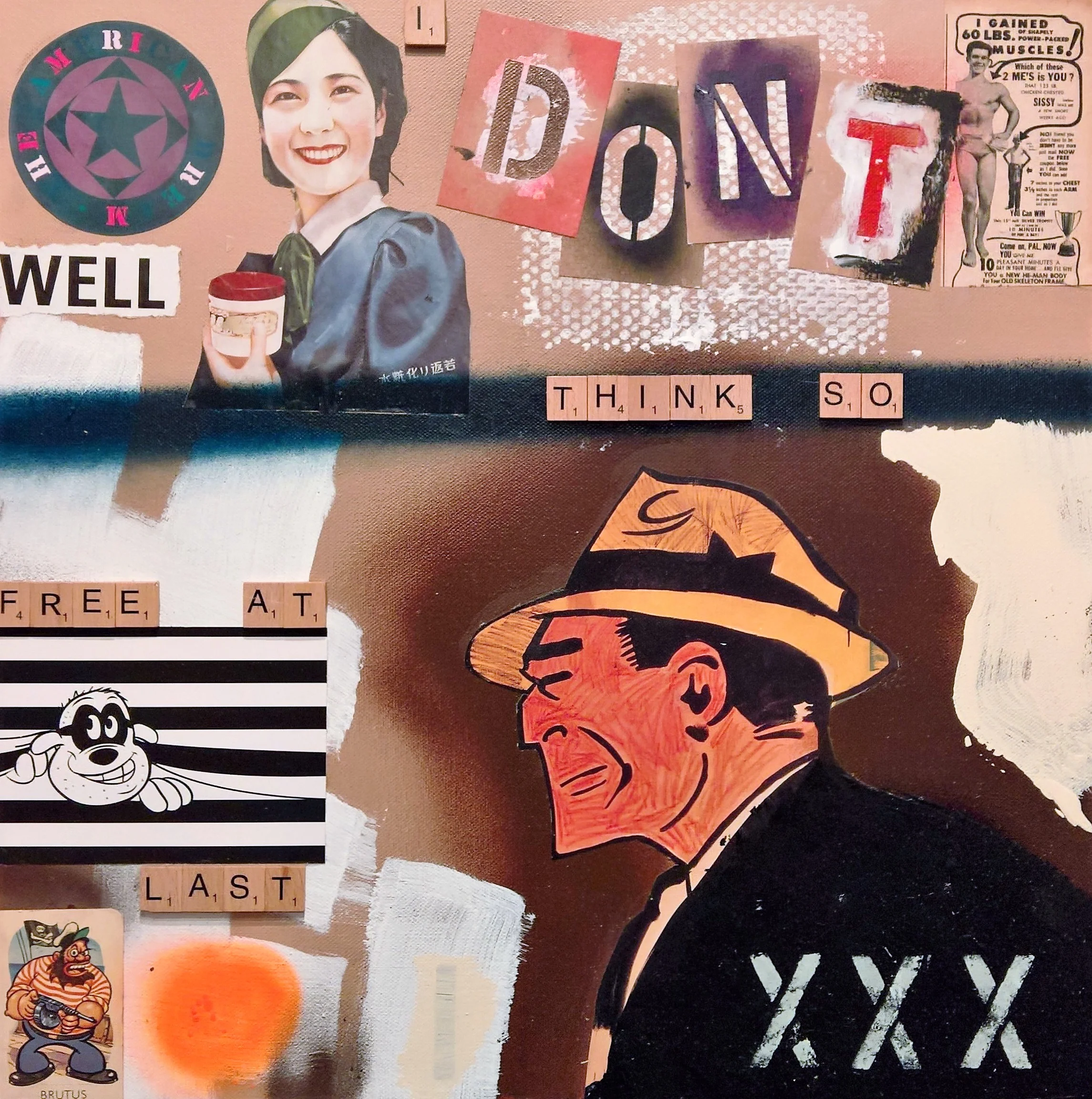 FREE AT LAST, 50 x 50cm, acrylic, spray paint, collage, found objects on canvas