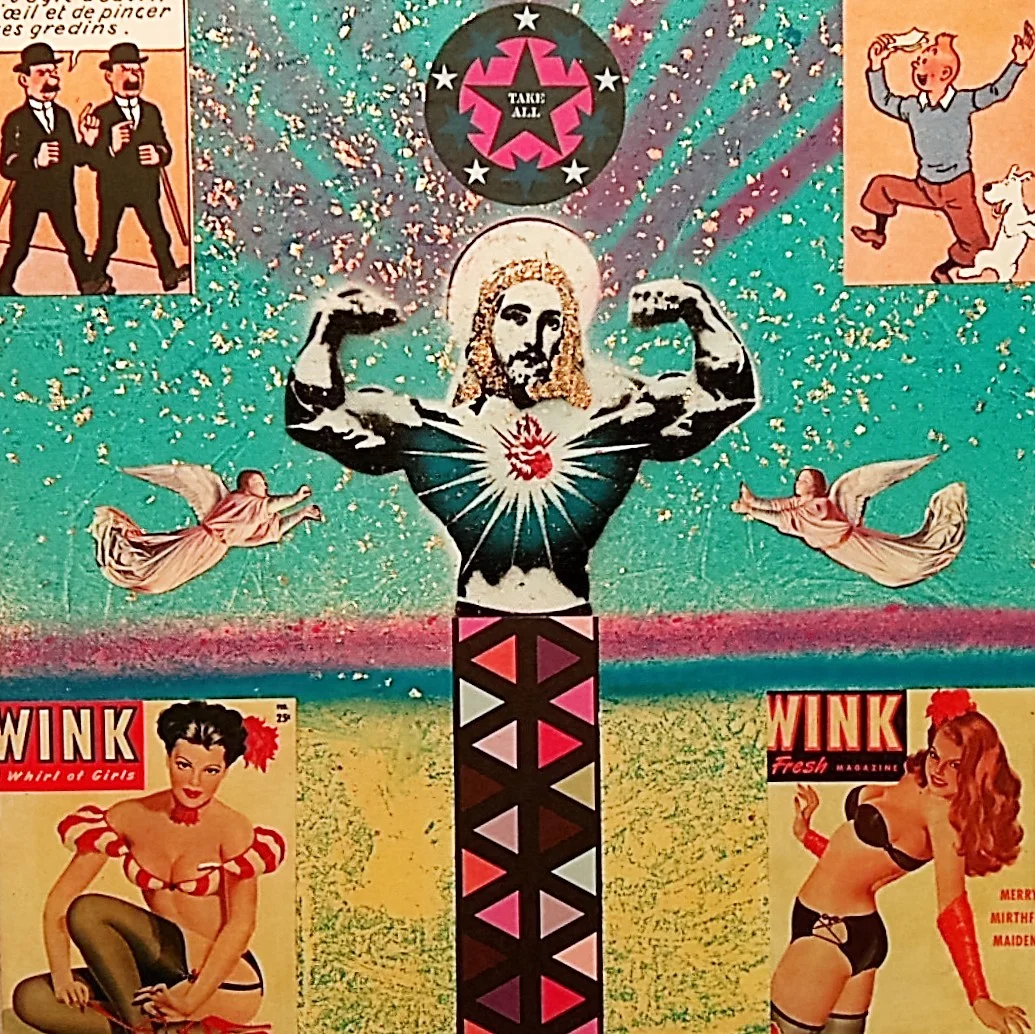 YES JESUS LOVES ME, 50 x 50cm, acrylic, spray paint, collage on canvas