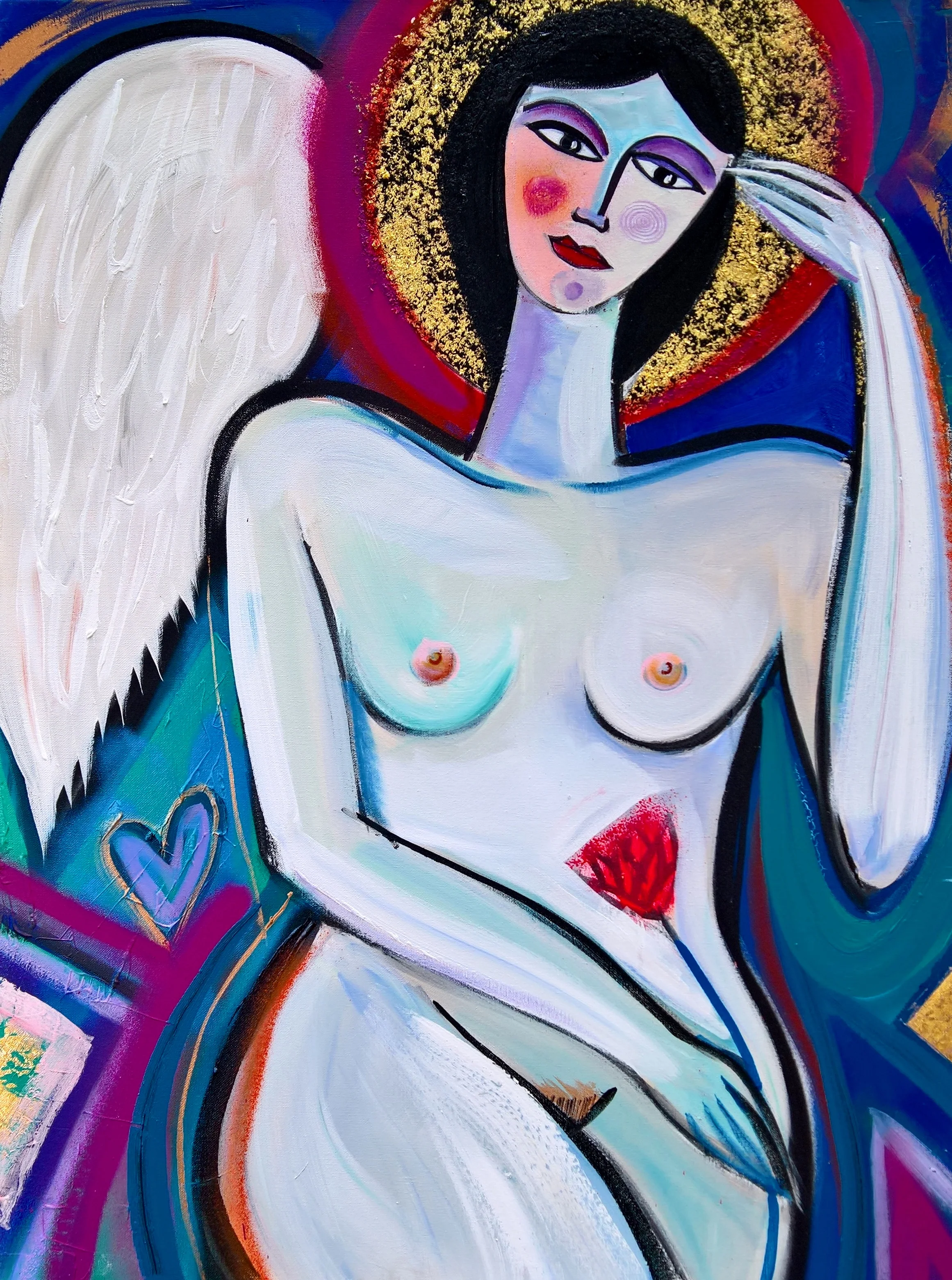 ANGEL, 100 x 75cm, acrylic, spray paint, gold leaf on canvas