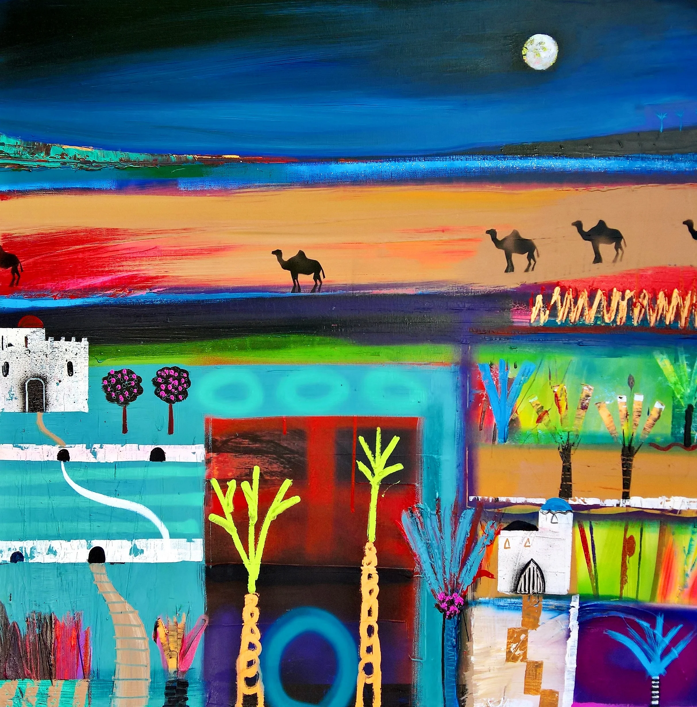 CAMEL TRAIN, 100 x 100cm, acrylic on canvas