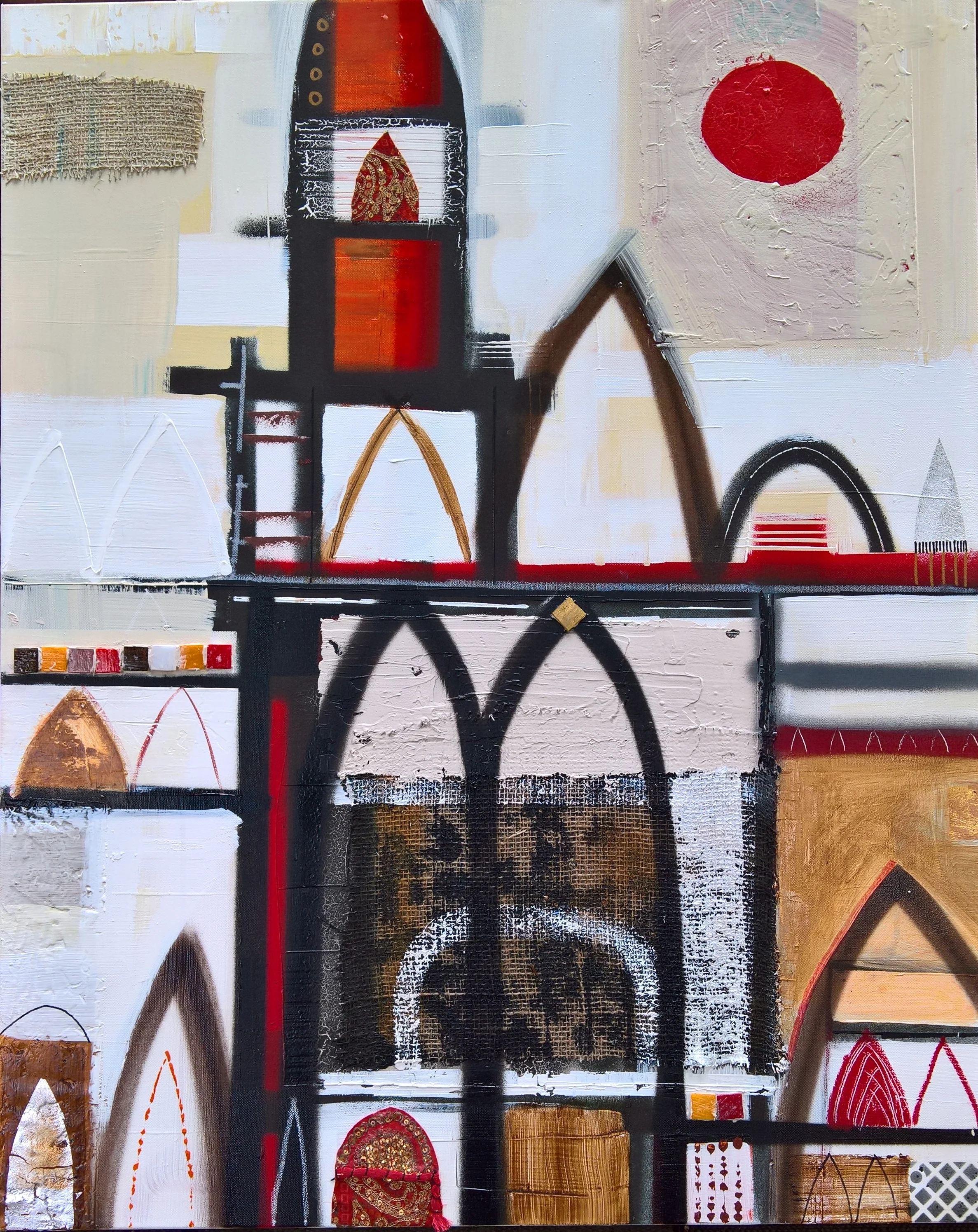 CATHEDRAL, 100 x 75cm, acrylic, spray paint, fabric, mosaic on canvas