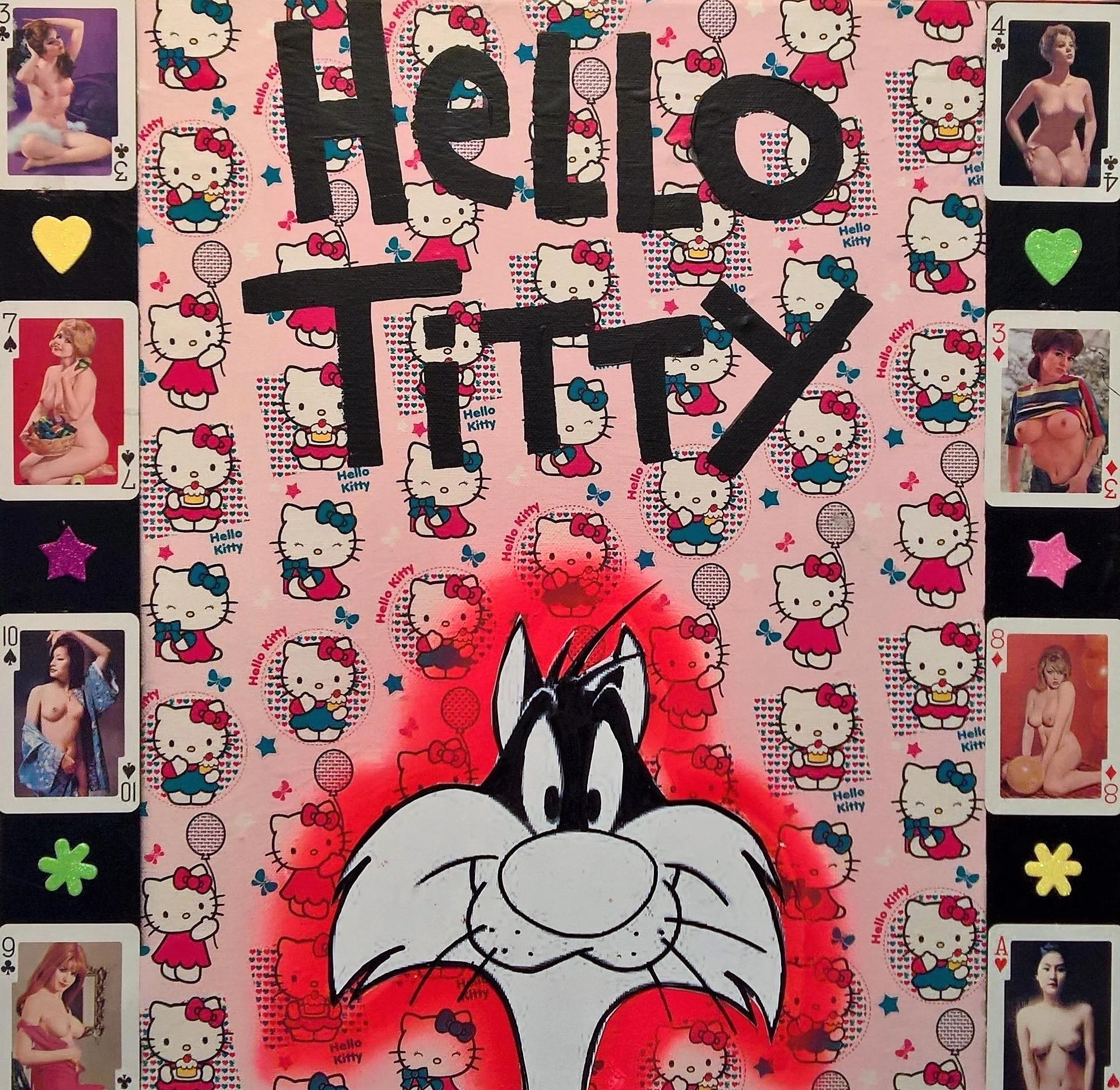 HELLO TITTY, 50 x 50cm, acrylic, collage, spray paint, found objects on canvas