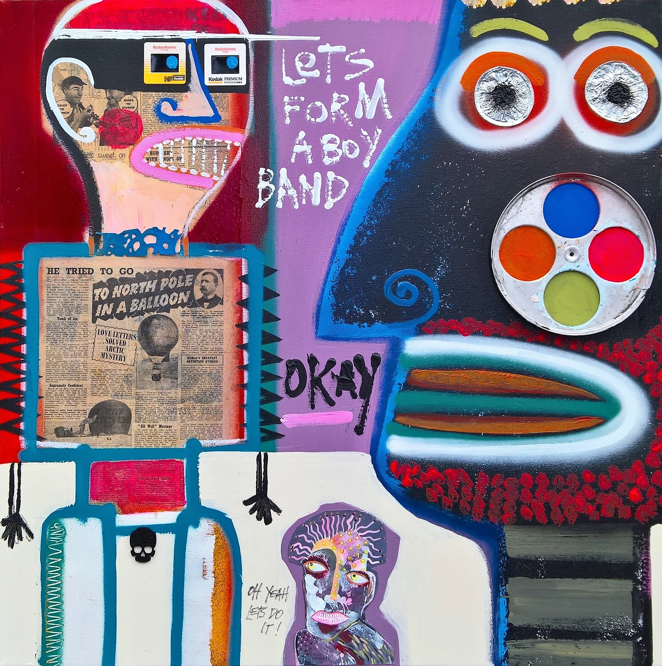 LET'S FORM A BOY BAND, 80 x 80cm, acrylic, collage, spray paint, found objects on canvas