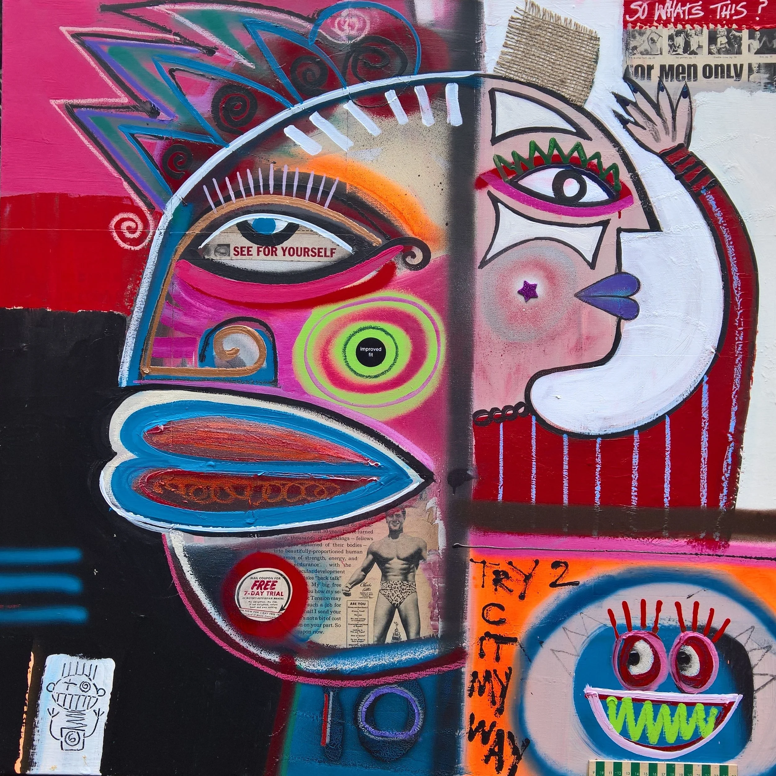 TRY 2 C IT MY WAY, 90 x 90cm, acrylic, collage, spray paint, found objects on canvas