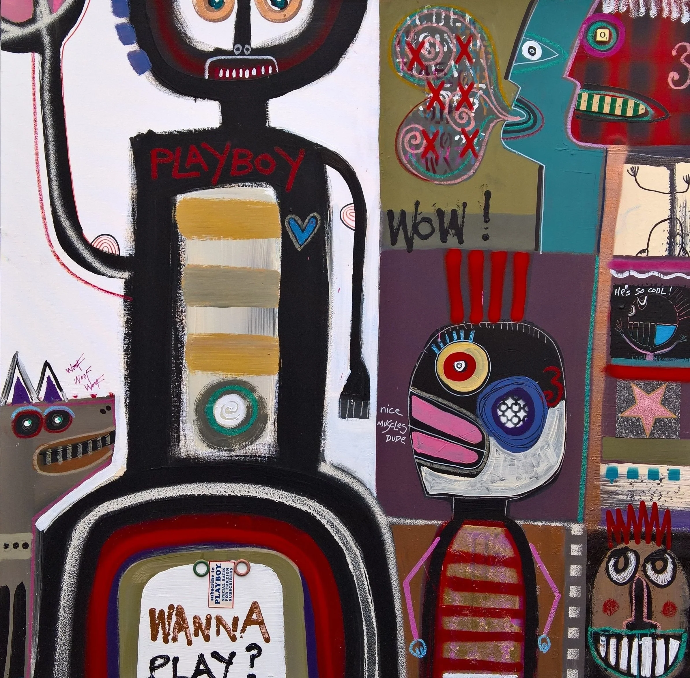 PLAYBOY, 120 x 120cm, acrylic, collage, spray paint, found objects on canvas