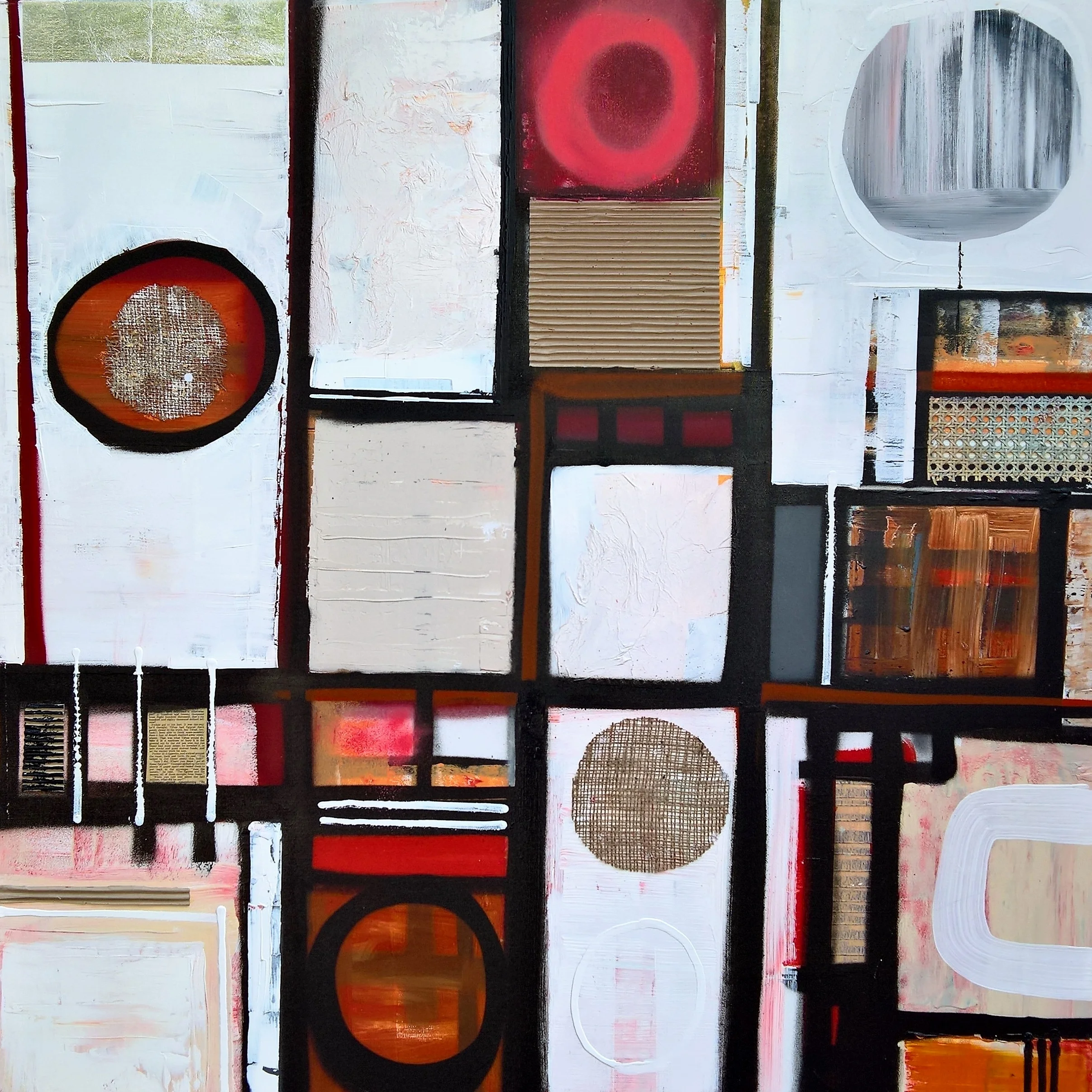 PUZZLE, 150 x 150cm, acrylic, spray paint, pastel, cardboard, found objects on canvas