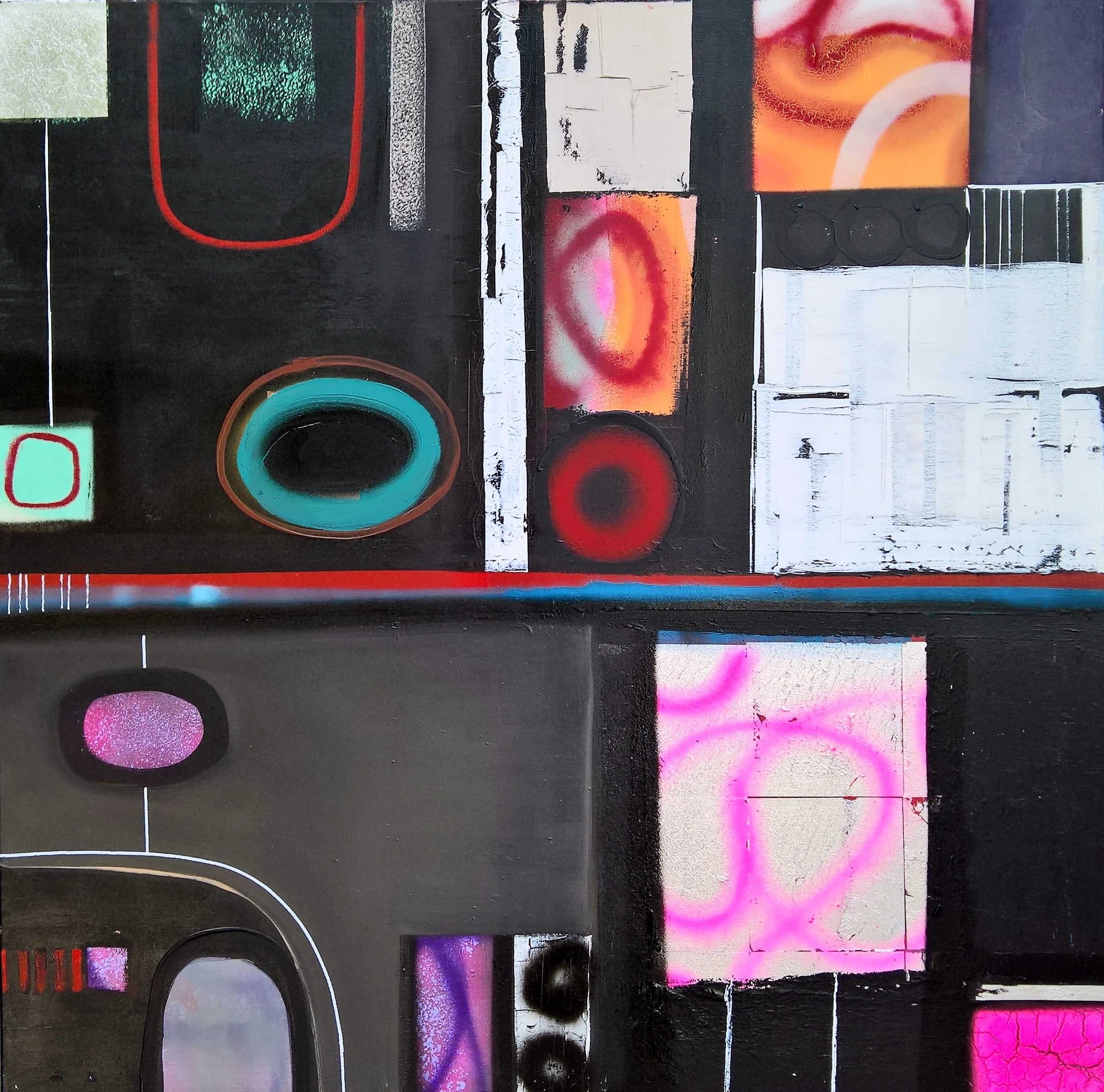 RAZZMATAZZ, 100 x 100cm, acrylic, spray paint, silver leaf on canvas