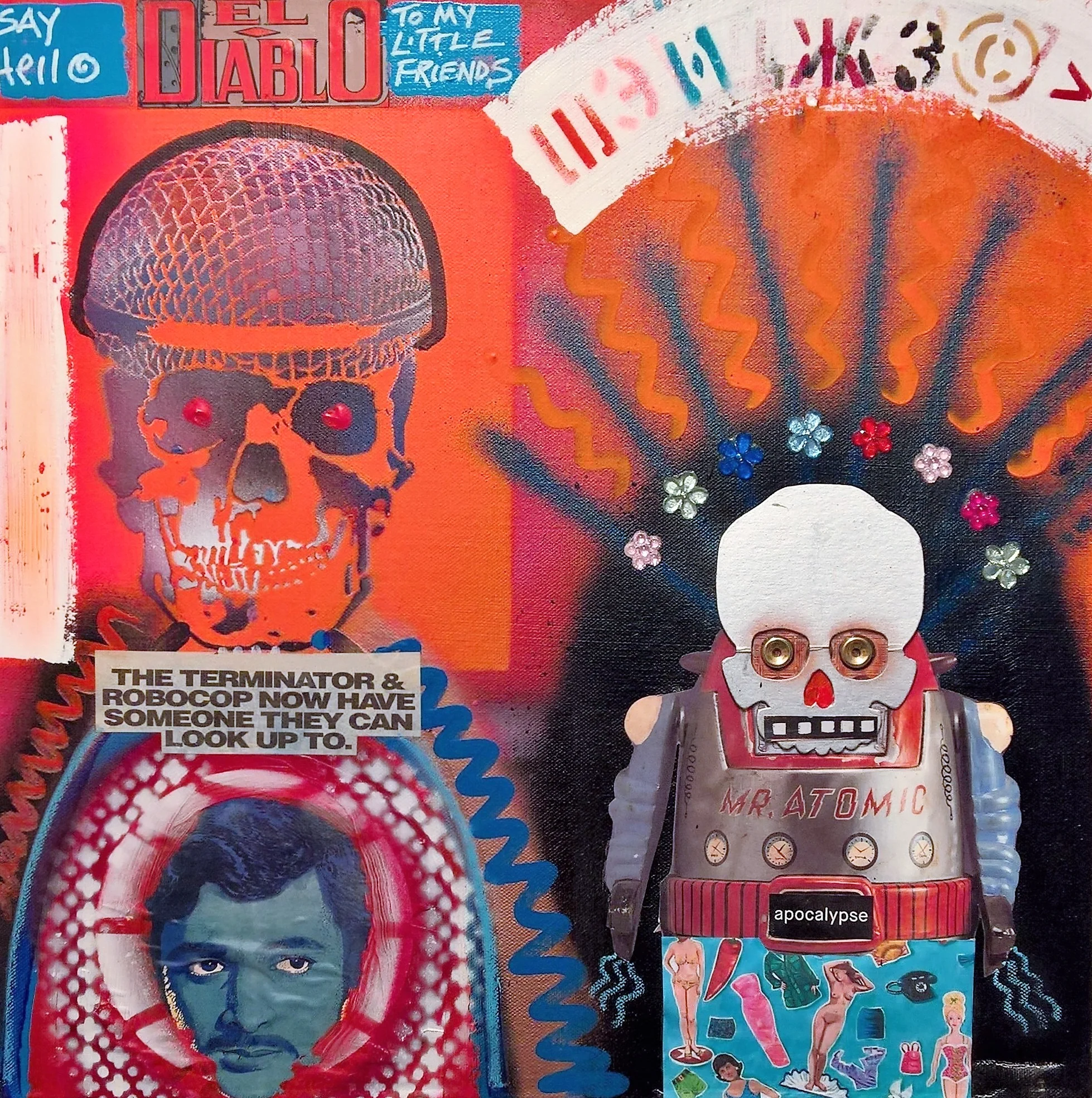SAY HELLO TO MY LITTLE FRIENDS, 50 x 50cm, acrylic, collage, spray paint, found objects on canvas