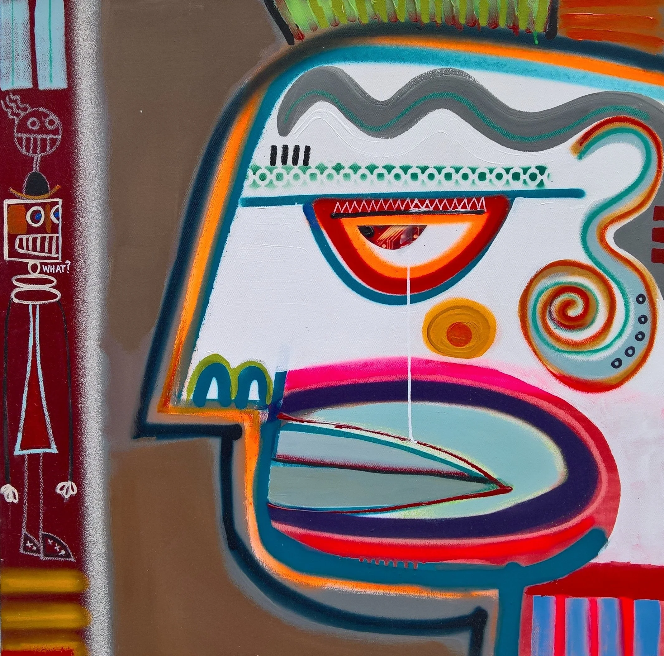WHAT? 90 x 90cm, acrylic, spray paint on canvas