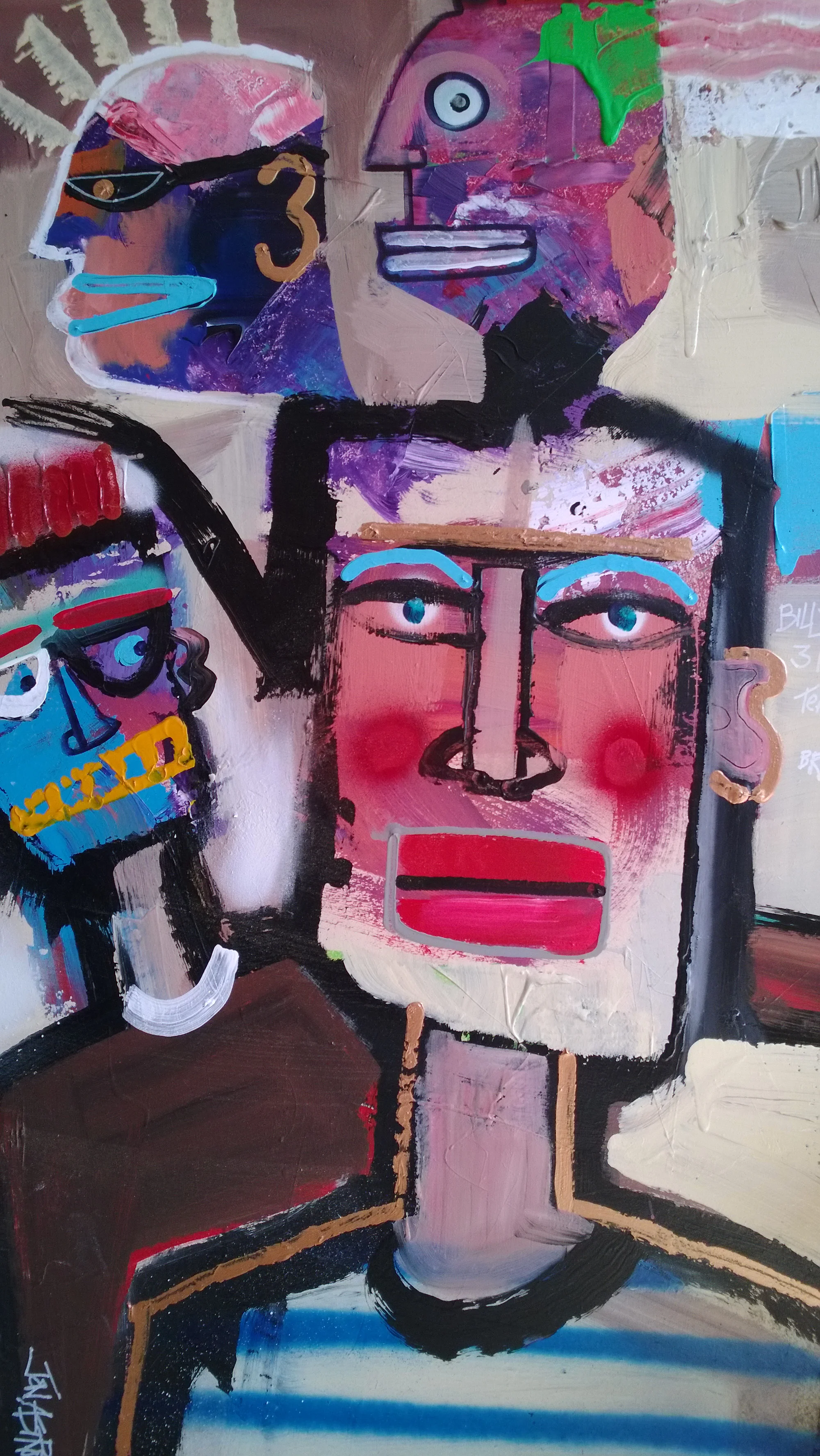 BILLY 3HEADS, 120 x 60cm, acrylic, spray paint on board