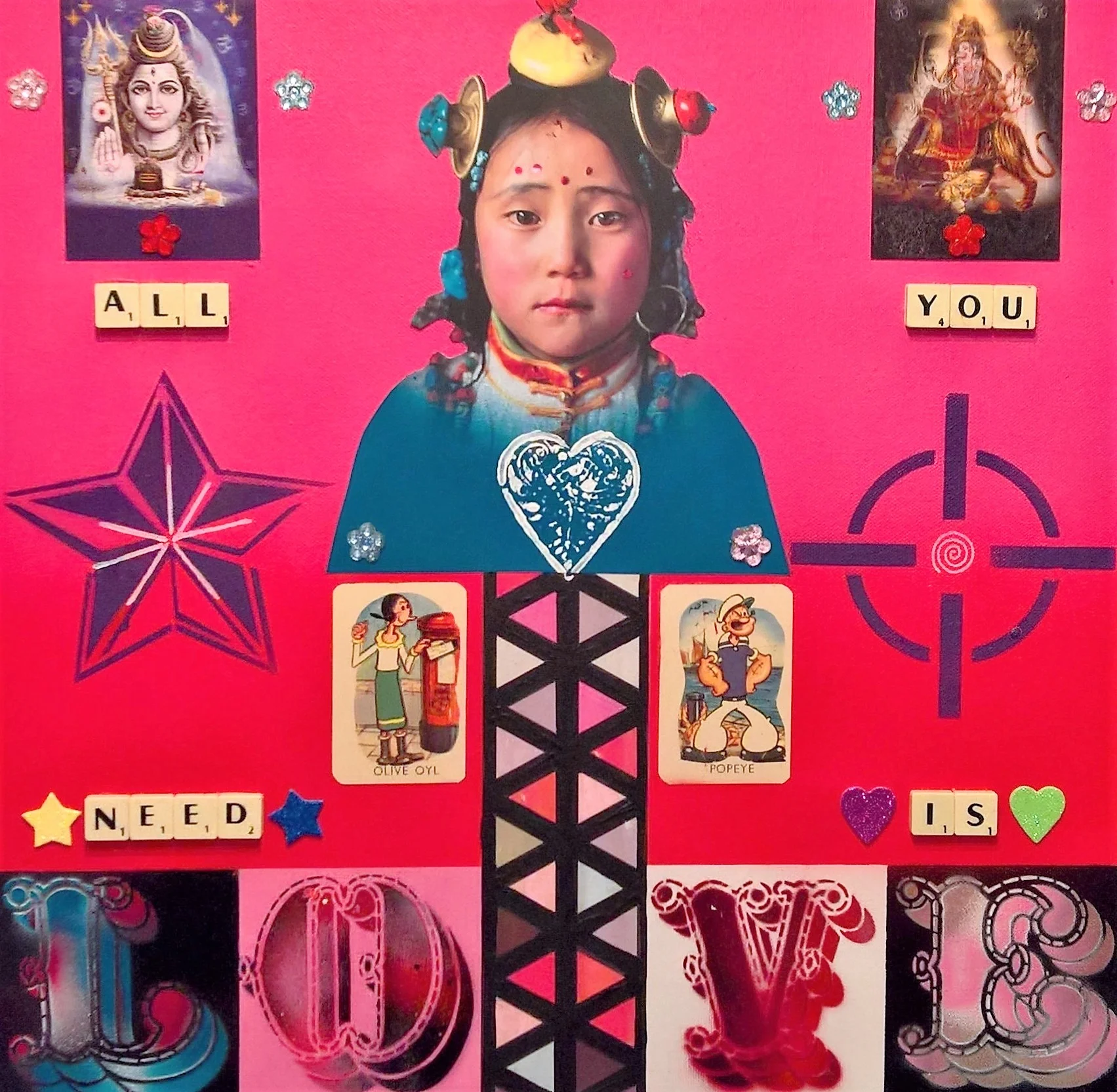ALL YOU NEED IS LOVE, 50 x 50cm, acrylic, collage, spray paint, found objects on canvas