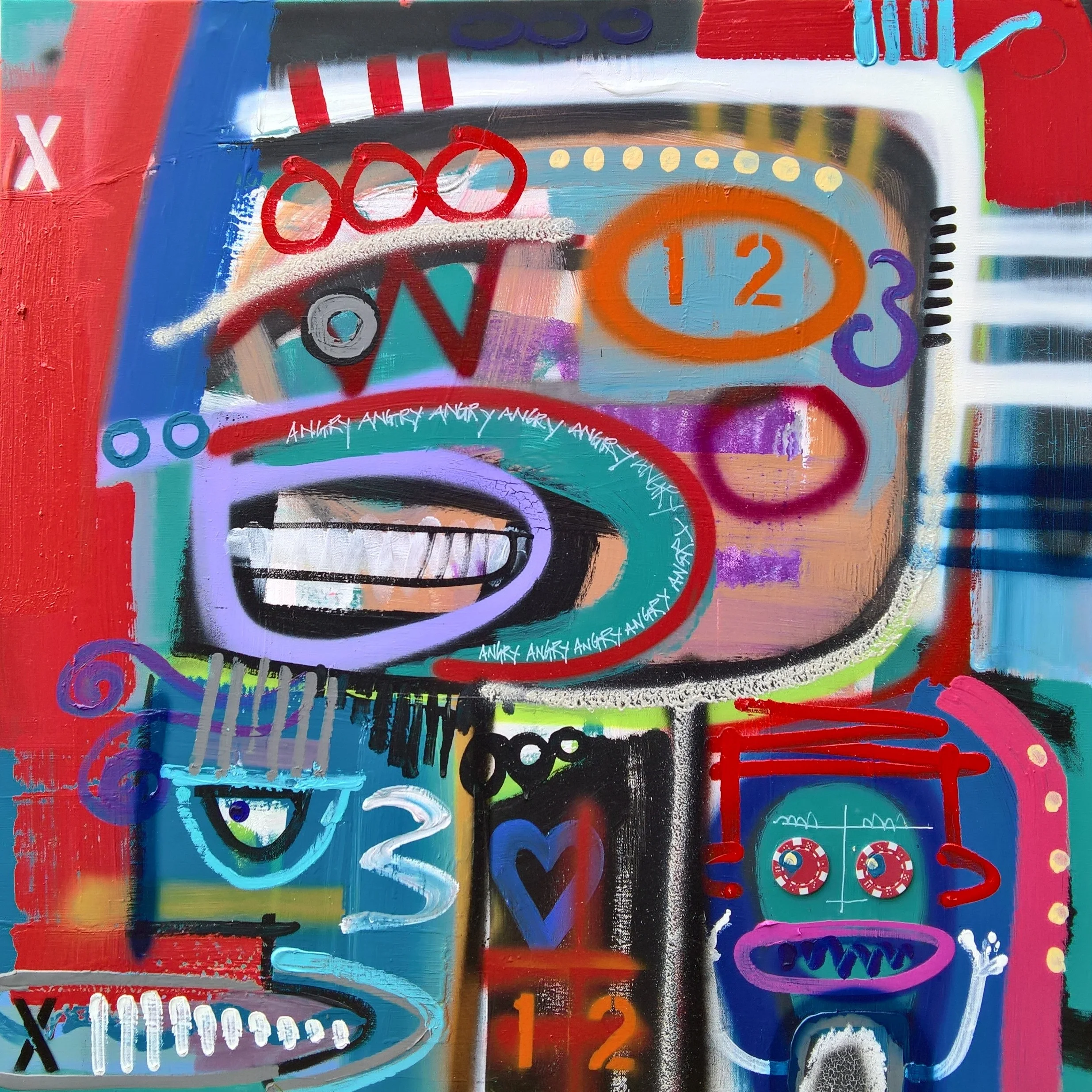 CRAZYHEAD NO.12, 80 x 80cm, acrylic, collage, spray paint, found objects on canvas