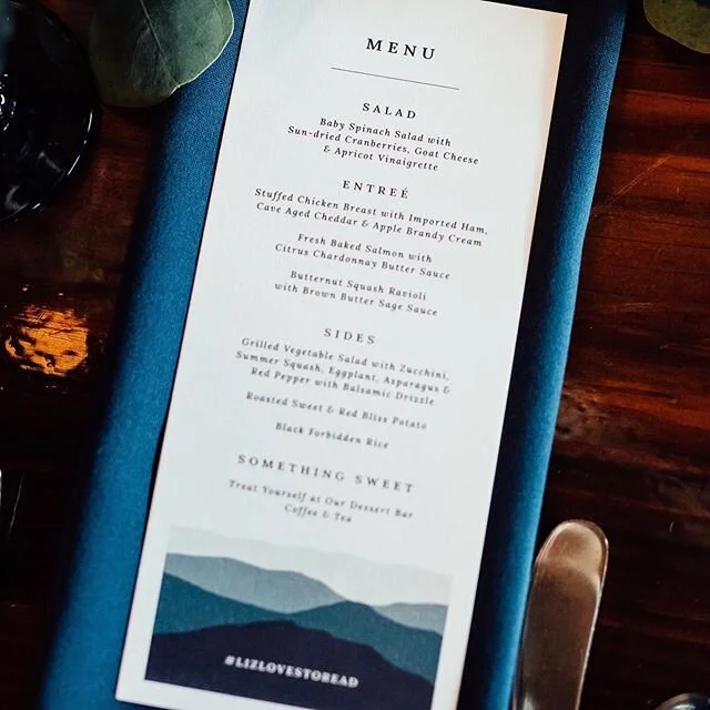 Layered ombre illustration of the White Mountains. I especially love how this menu beautifully incorporates the sage and navy. Look at this beautiful reception venue -@bellevuebarn attention to detail is uncanny. Photo credit @addierobergephotography