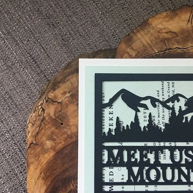 I wanted show off the details of Liz and Austin&rsquo;s &lsquo;Meet us in the mountains&rsquo; cutout. I still can&rsquo;t believe I used my @silhouette.inc Cameo to create over 100 of these beauties!