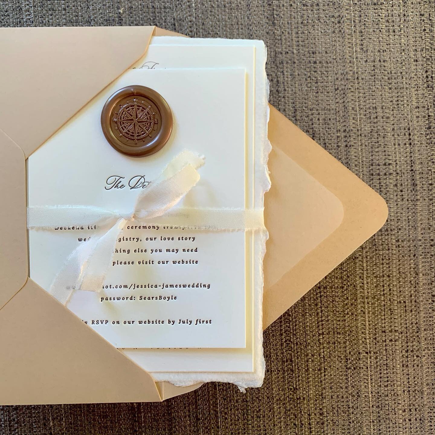 Luxury is in the details 
-
I am excited to give you a glimpse of the invitation suite I designed for James and Jessica. It&rsquo;s my favorite to date. 
-
Rust letterpress on a mix of handmade and cotton paper. Copper wax seal. Silk ribbon. Beautifu