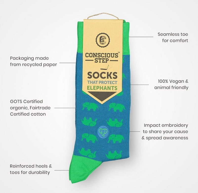 Conscious Step Socken - 75% Bio-Baumwolle, 23% Polyamid, 2% Spandex. Fairtrade-, GOTS- und Vegan-zertifiziert. Wählen Sie aus 17 verschiedenen Ursachen, um eine bessere Zukunft zu bauen - Kraft und Zweck in jedem Kauf.