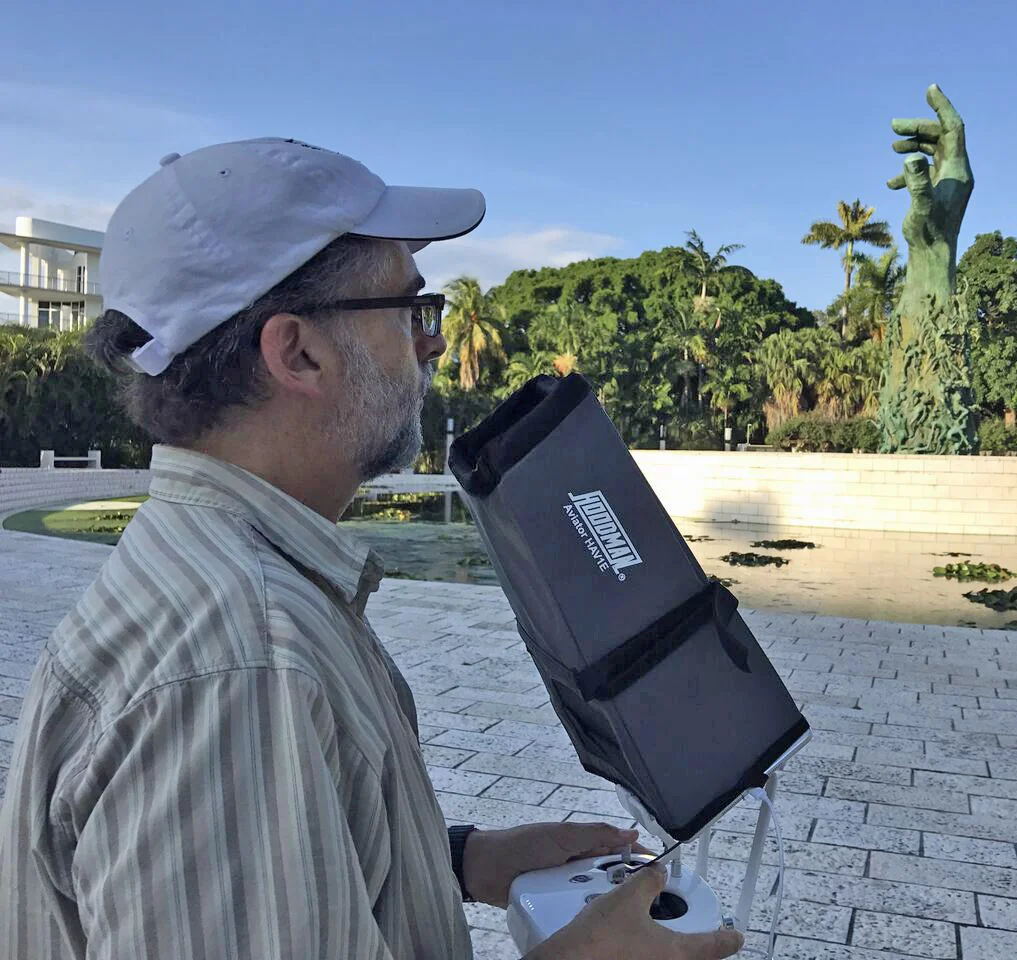 Mark preparing to shoot aerials at the Greater Miami Jewish Federation Holocaust Memorial of Miami Beach.