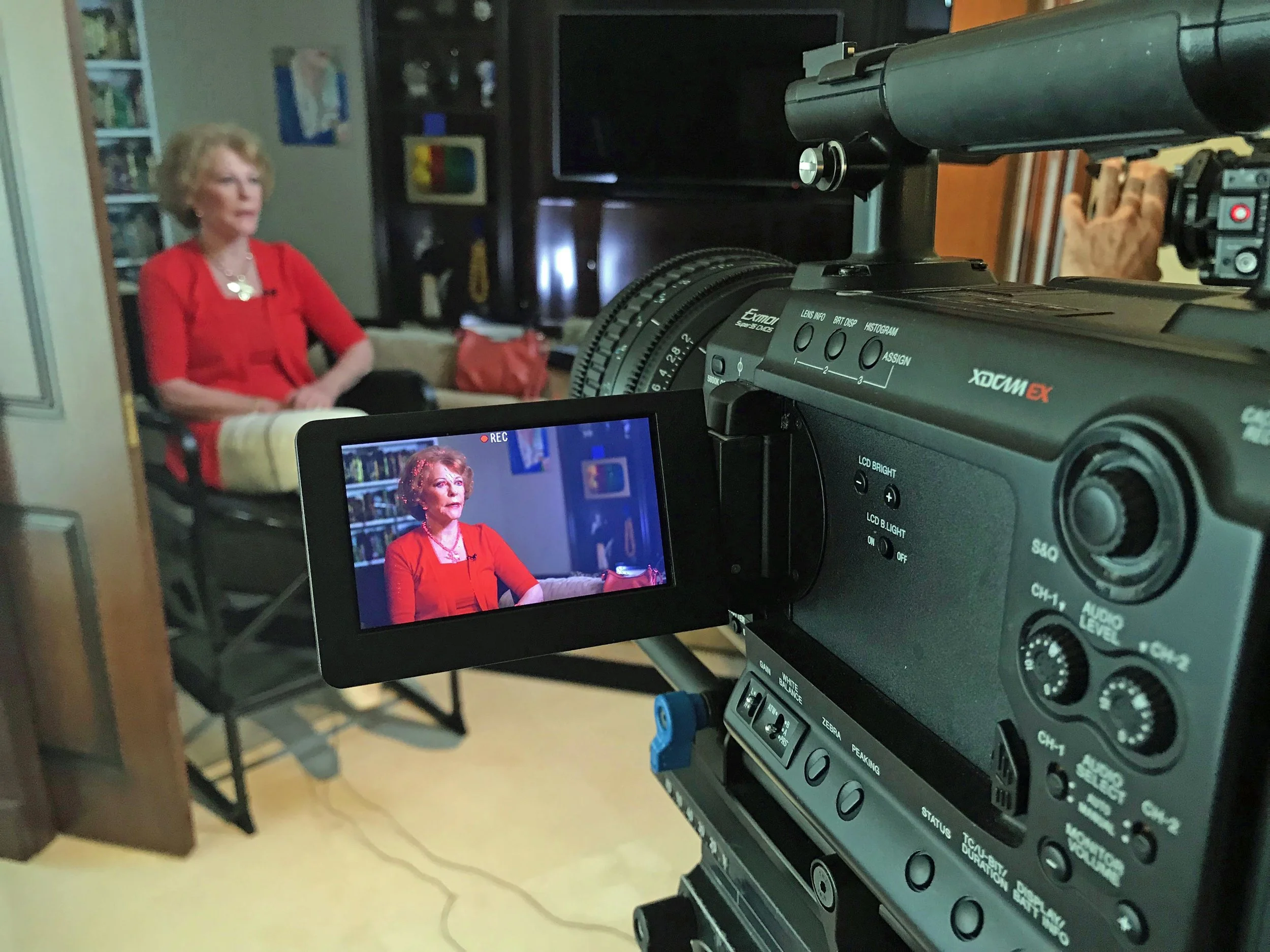 Executive Producer Maxine Schwartz being interviewed at the home of Amy Dean and Alan Kluger.