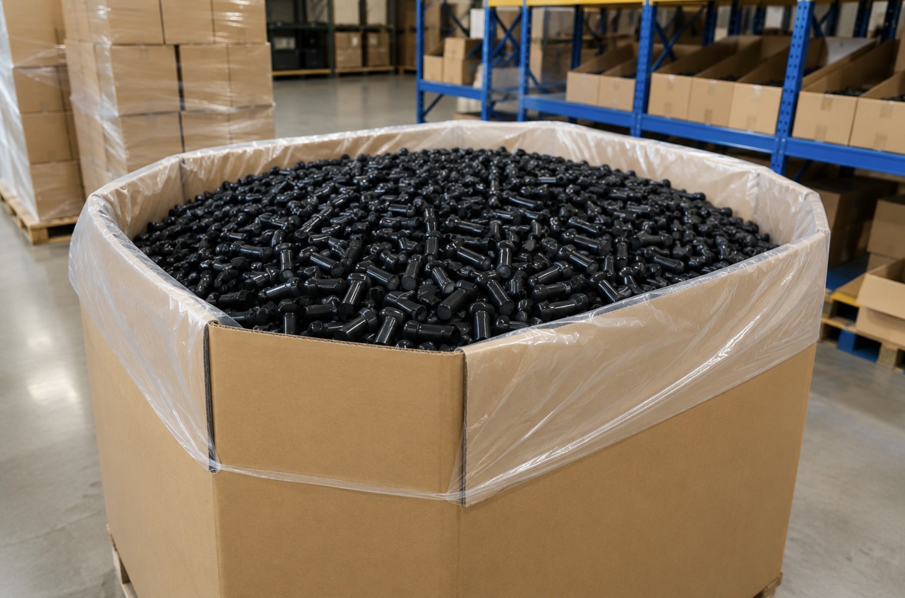 Bin of clean security tags in a warehouse